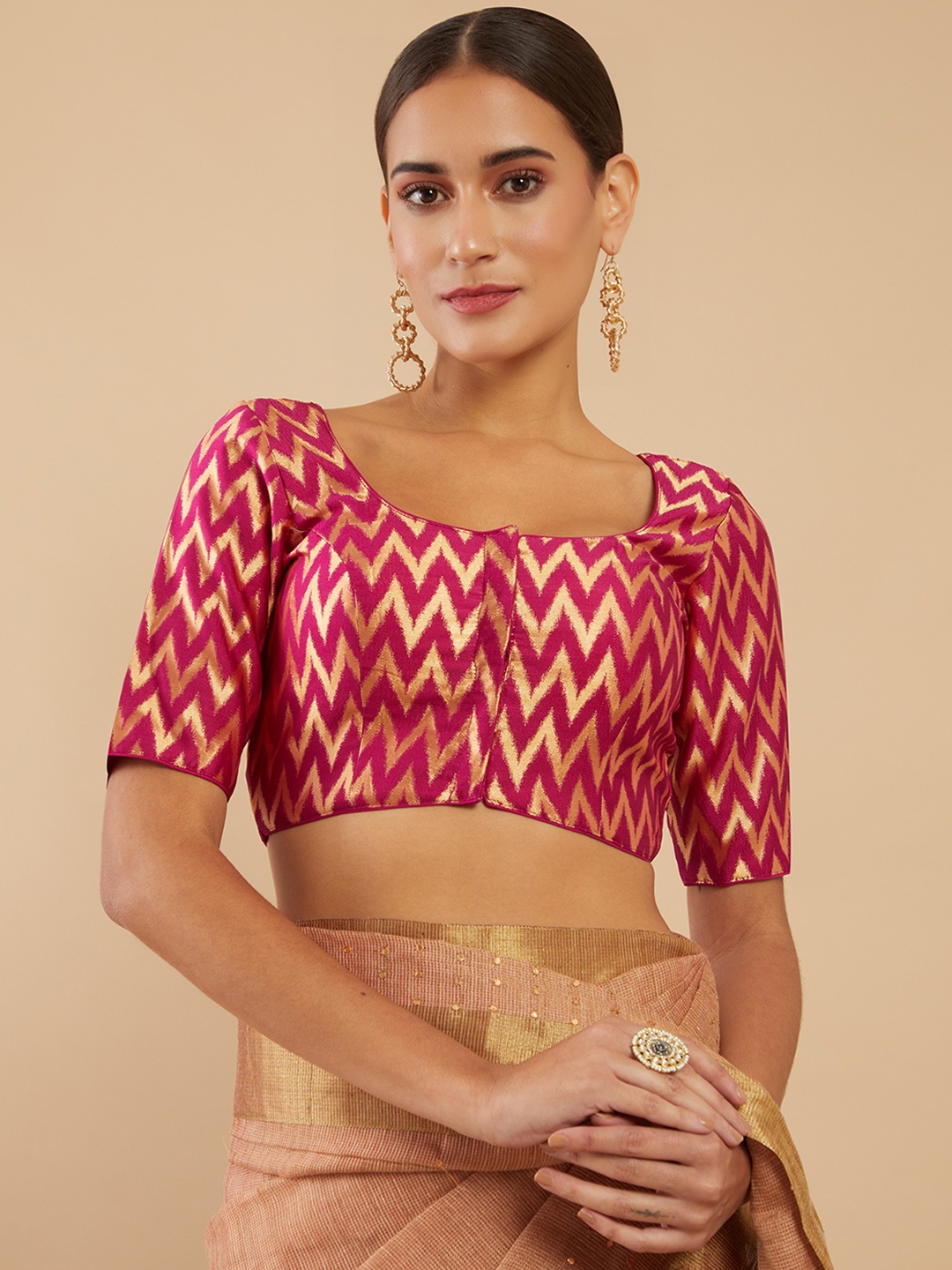 

Soch Women Magenta & Gold-Coloured Woven-Design Readymade Saree Blouse