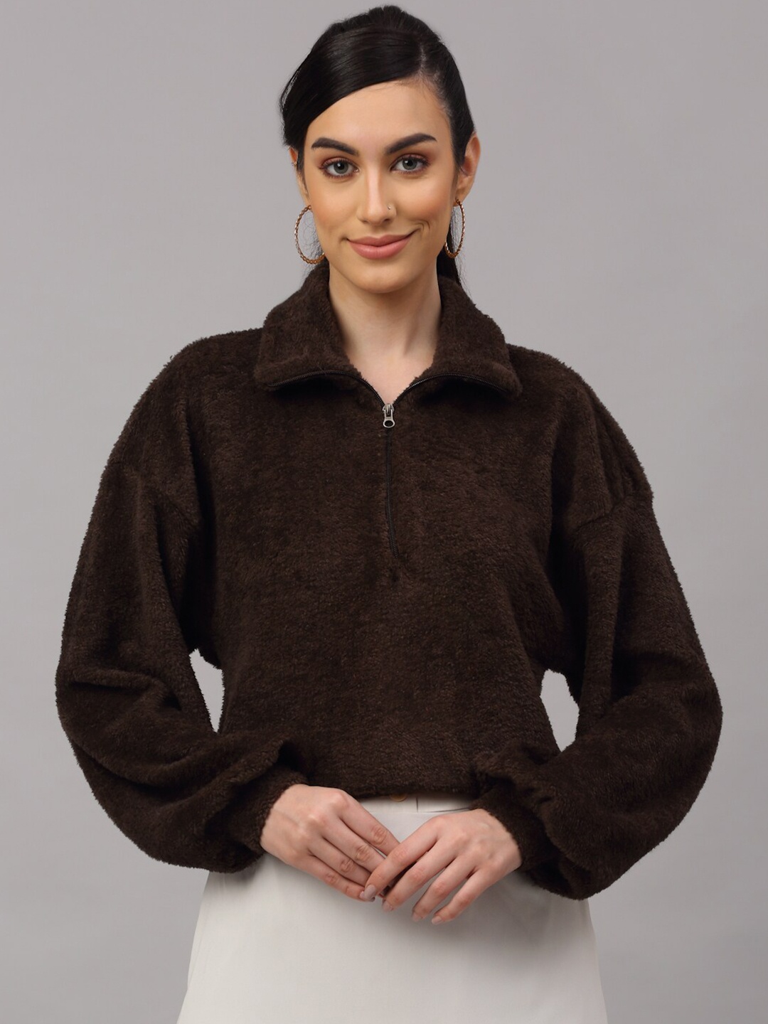 

NEUDIS Women Brown Faux Fur Solid Crop Sweatshirt