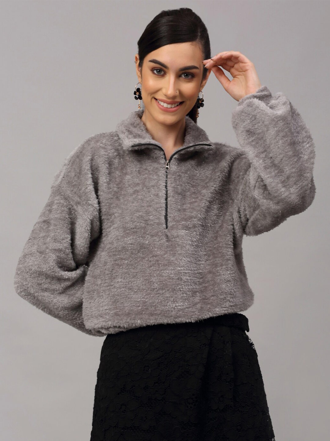 

NEUDIS Women Grey Faux Fur Solid Crop Sweatshirt