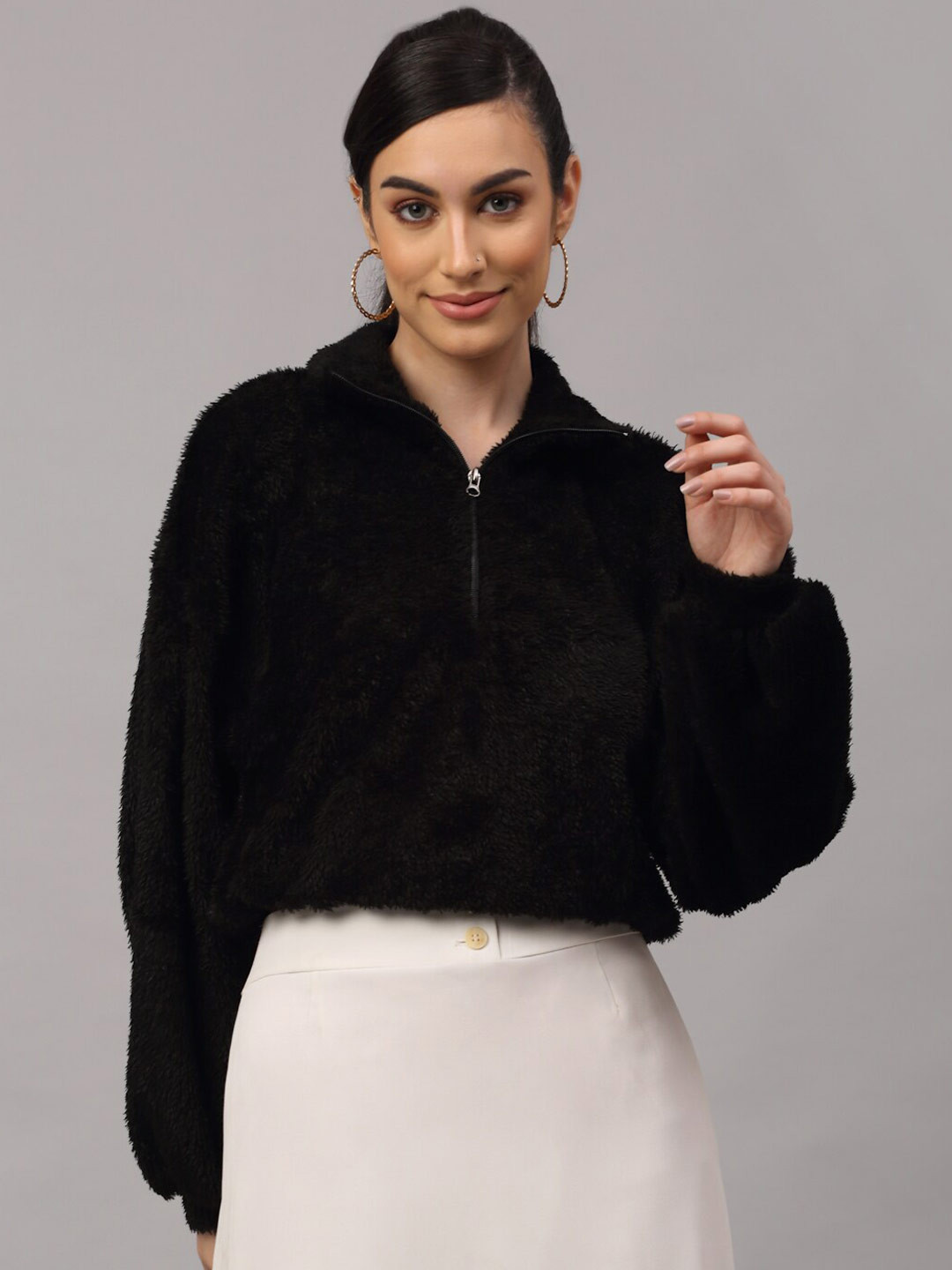 

NEUDIS Women Black Faux Fur Solid Crop Sweatshirt
