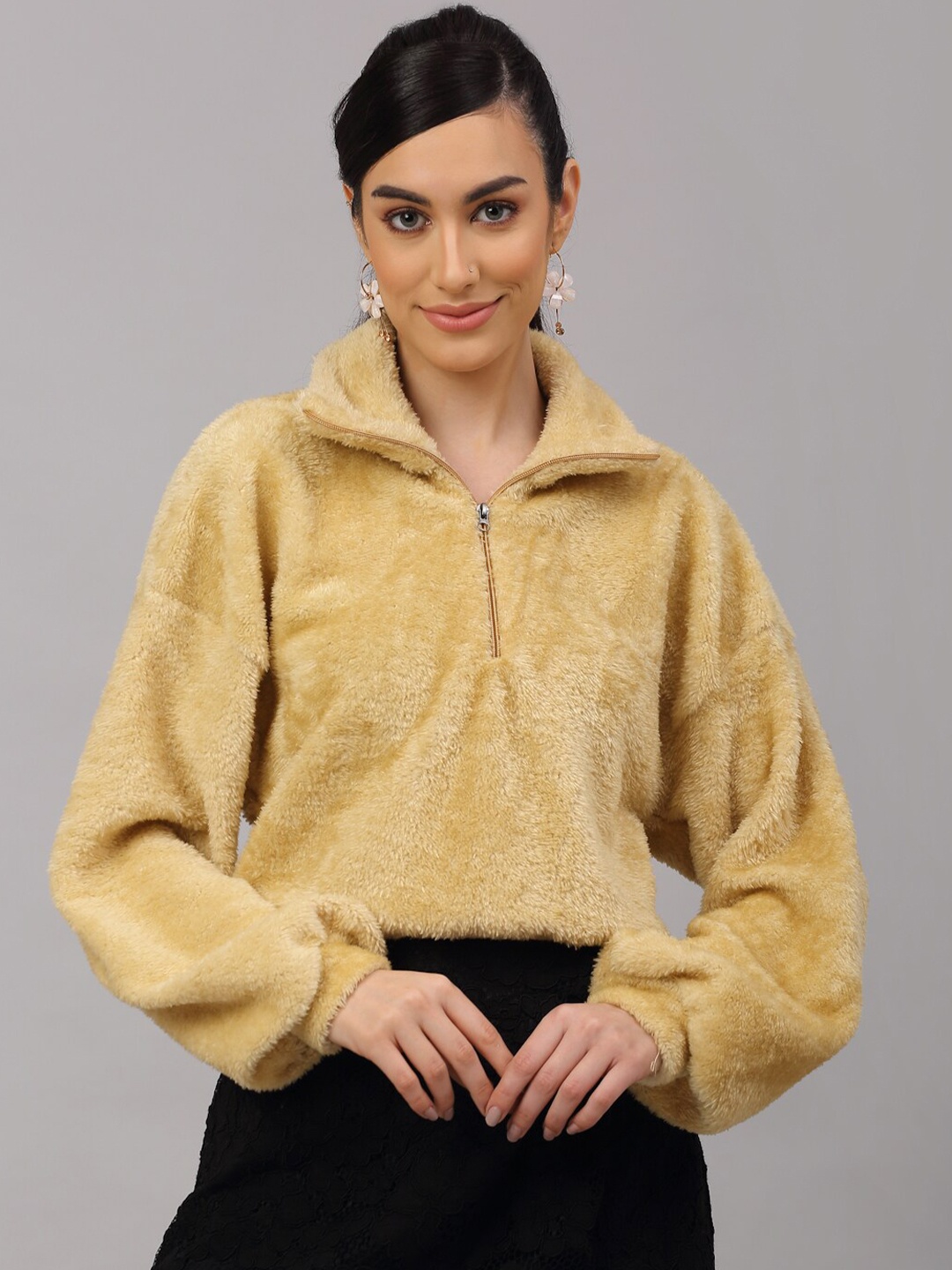 

NEUDIS Women Beige Faux Fur Solid Crop Sweatshirt