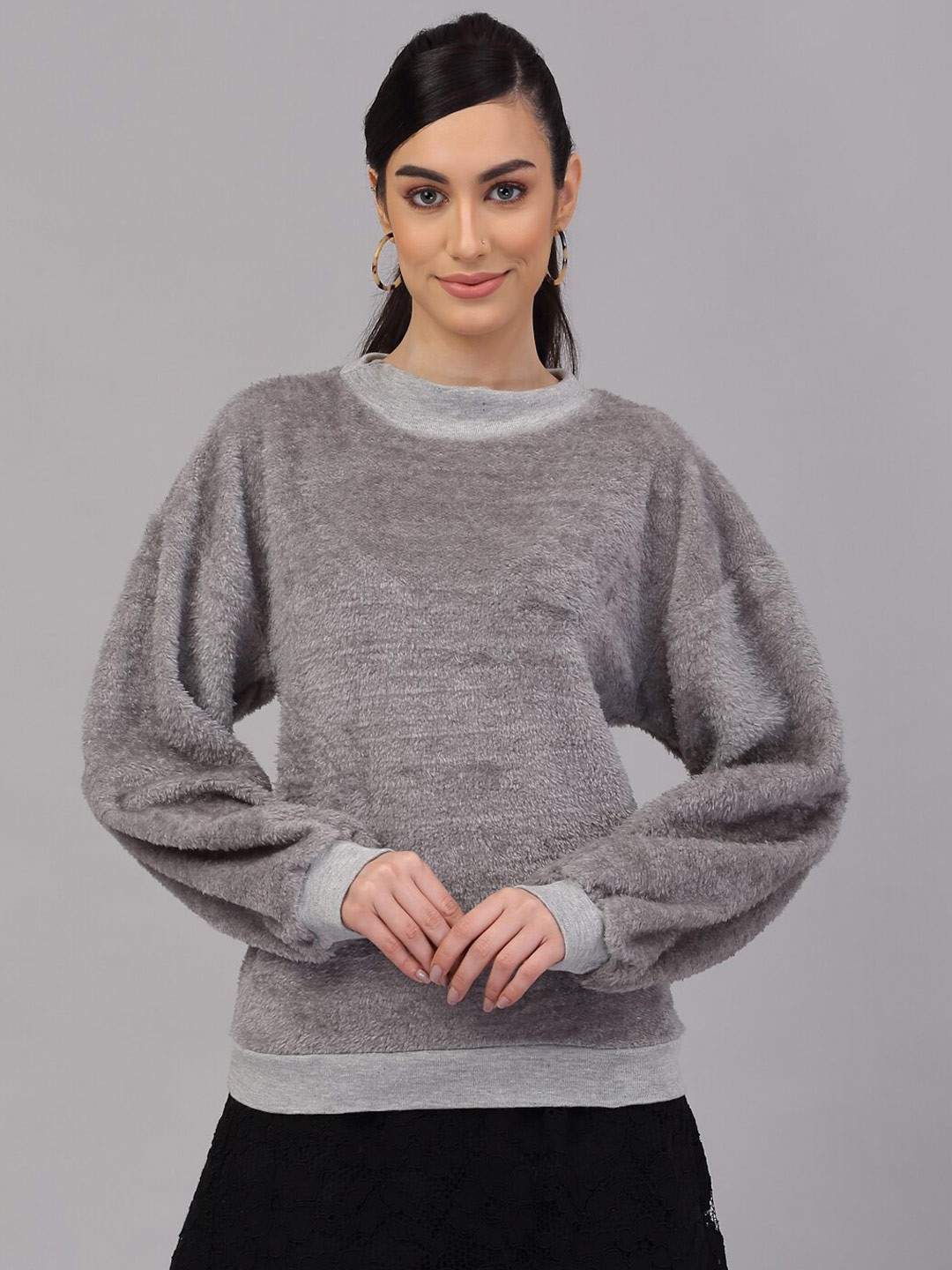 

NEUDIS Women Grey Puff Sleeve Faux Fur Solid Sweatshirt