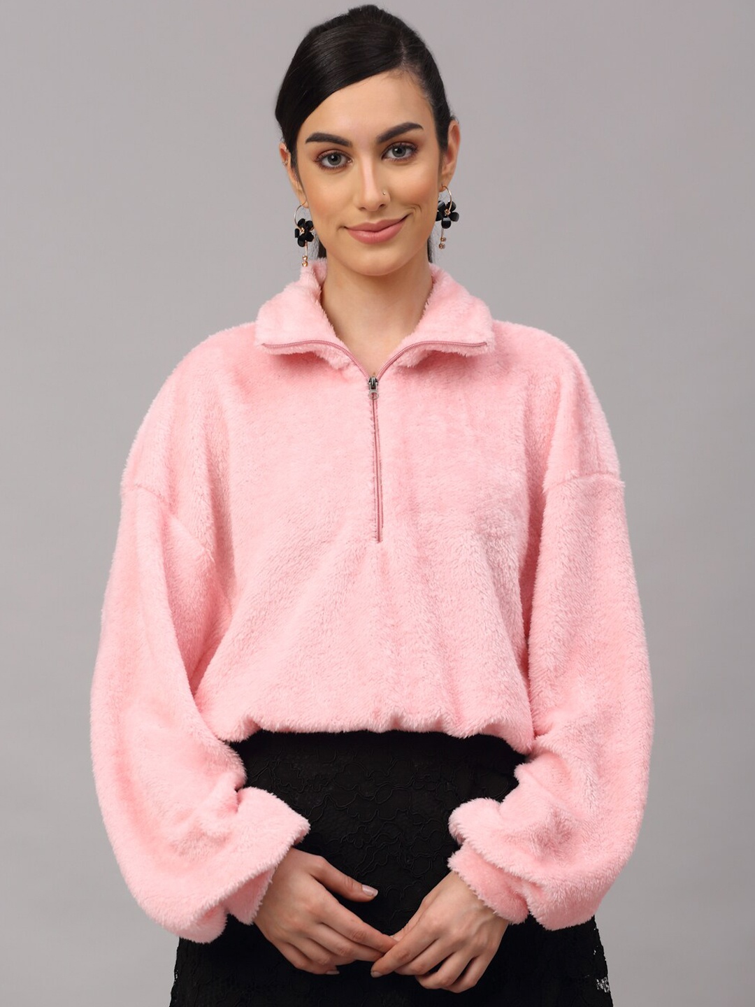 

NEUDIS Women Pink Faux Fur Solid Crop Sweatshirt