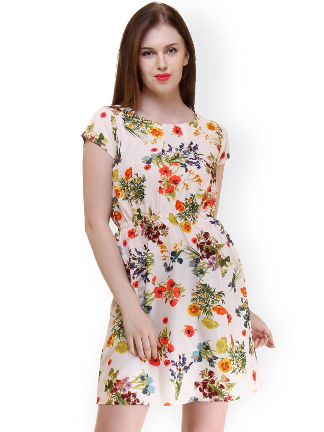 

Ruhaans Women Beige Printed Crepe A-Line Dress