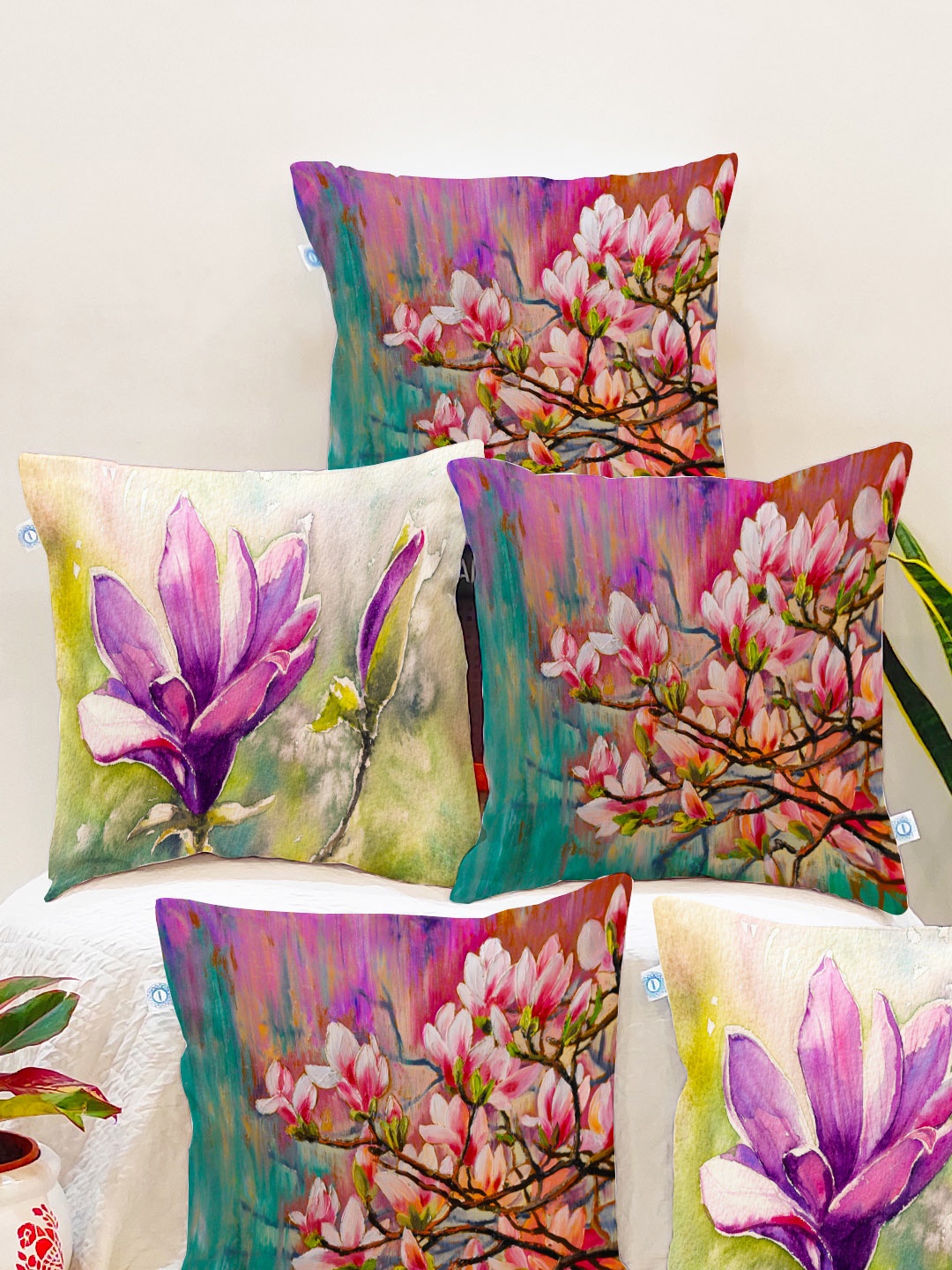 

STITCHNEST Set Of 5 Pink Flora Printed Square Cushion Cover