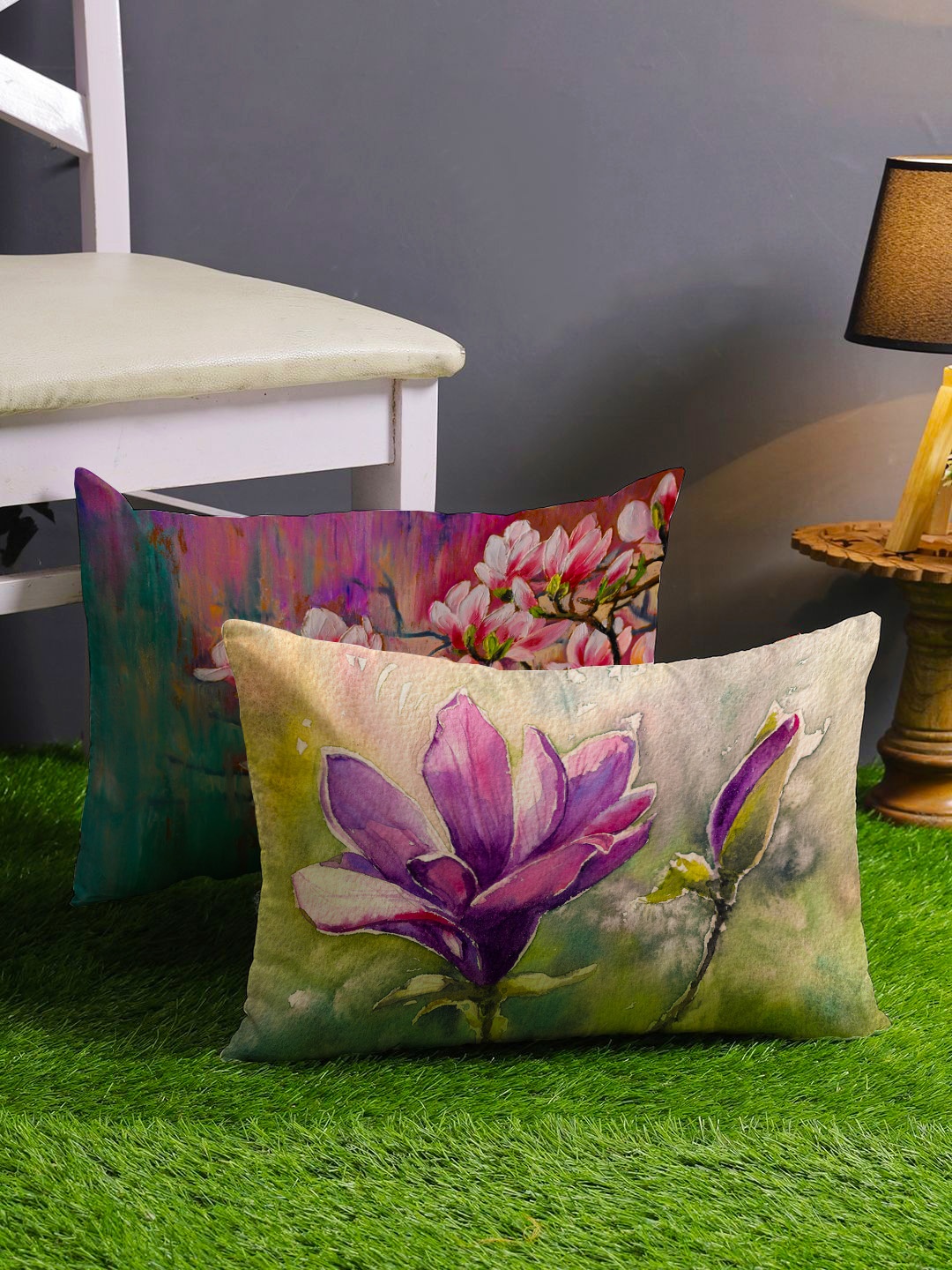 

STITCHNEST Pink & Purple Set of 2 Floral Rectangle Cushion Covers
