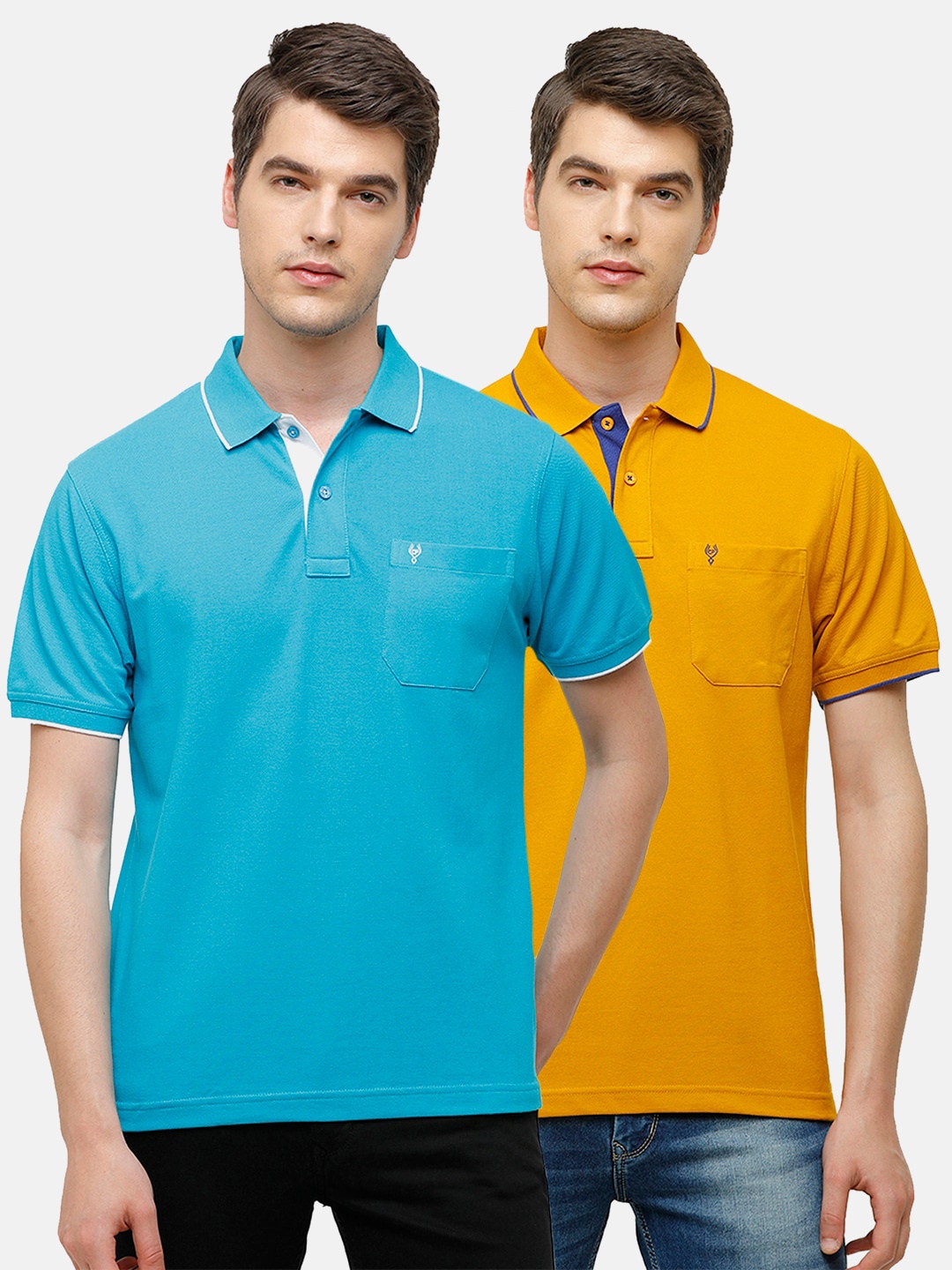 

Classic Polo Men Turquoise Blue & Mustard Yellow 2 Polo Collar Pocket Cotton T-shirts