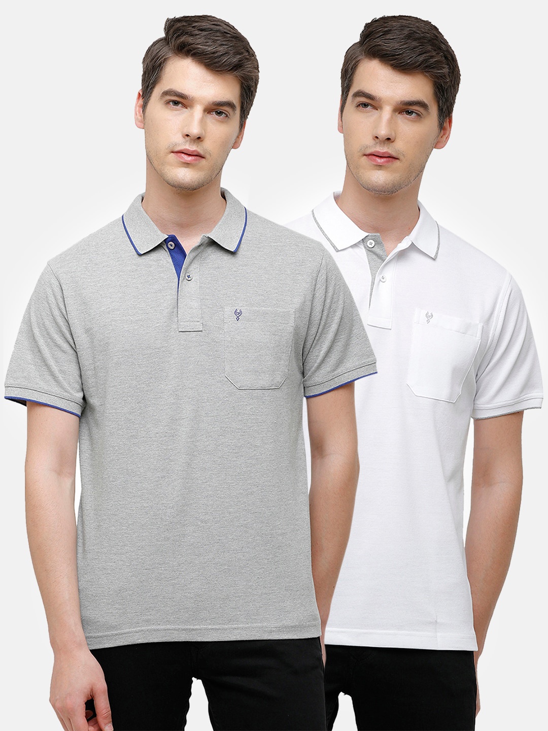

Classic Polo Men Grey & White 2 Polo Collar Pocket Cotton T-shirts
