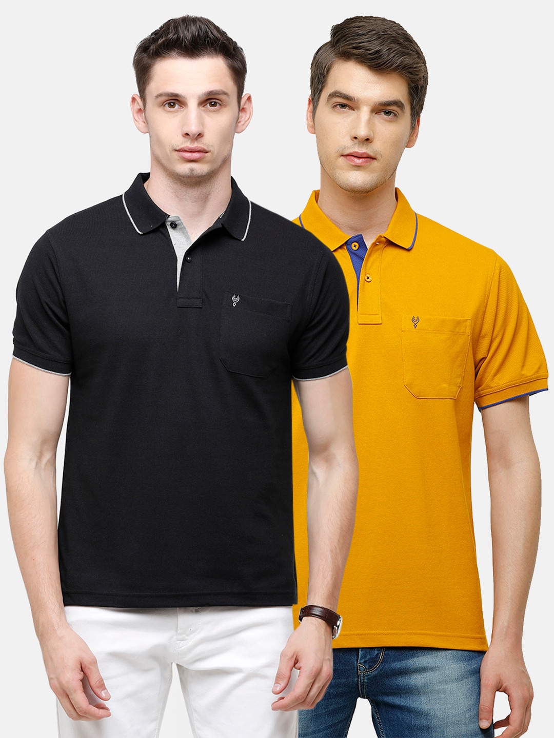 

Classic Polo Men Set of 2 Black & Mustard Yellow Polo Collar Pockets T-shirt