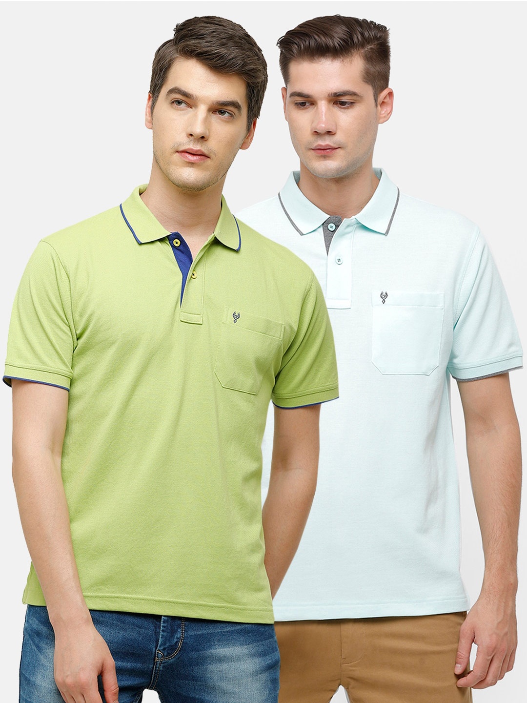 

Classic Polo Men Pack Of 2 Green Polo Collar Pockets T-shirt