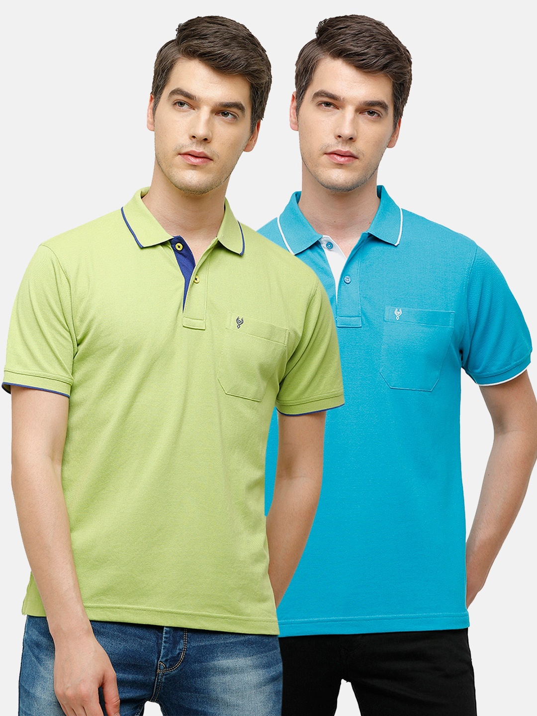

Classic Polo Men Set of 2 Green & Blue Polo Collar Pockets T-shirt