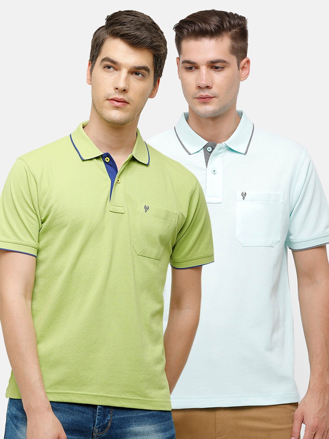 

Classic Polo Men Pack Of 2 Green & Turquoise Blue Polo Collar T-shirts