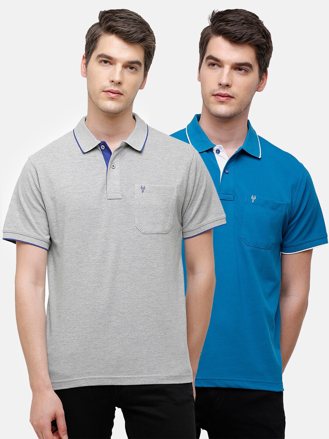 

Classic Polo Men Blue & Grey 2 Polo Collar Pocket Cotton T-shirts