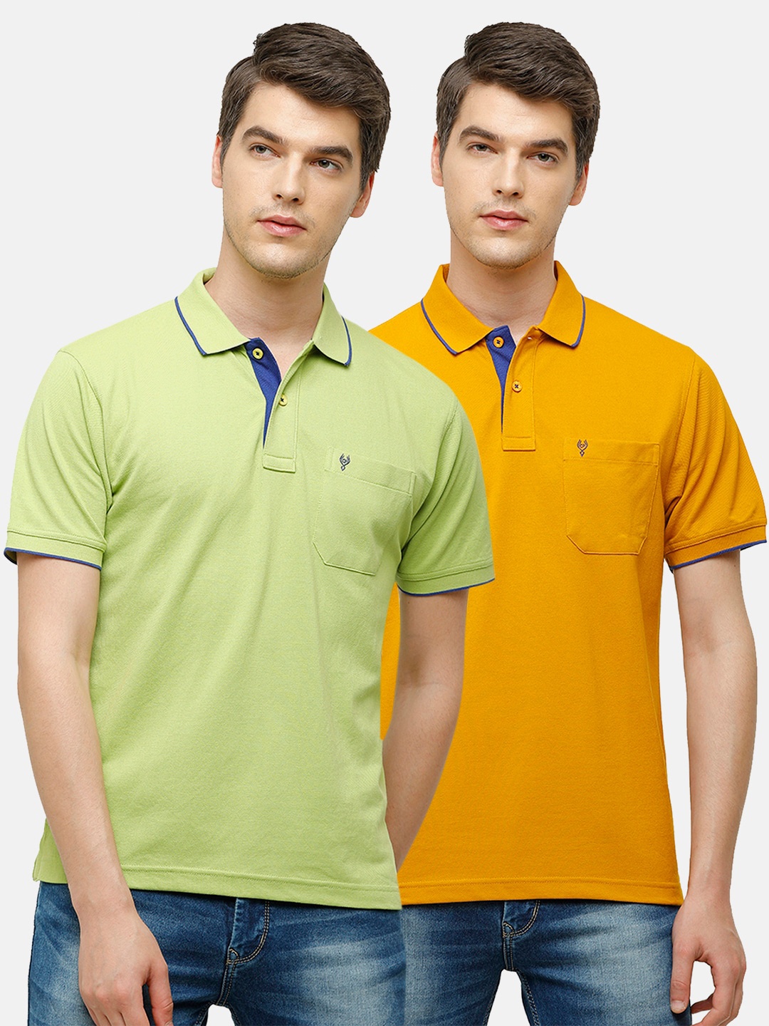 

Classic Polo Men Pack Of 2 Green & Yellow Polo Collar T-shirts