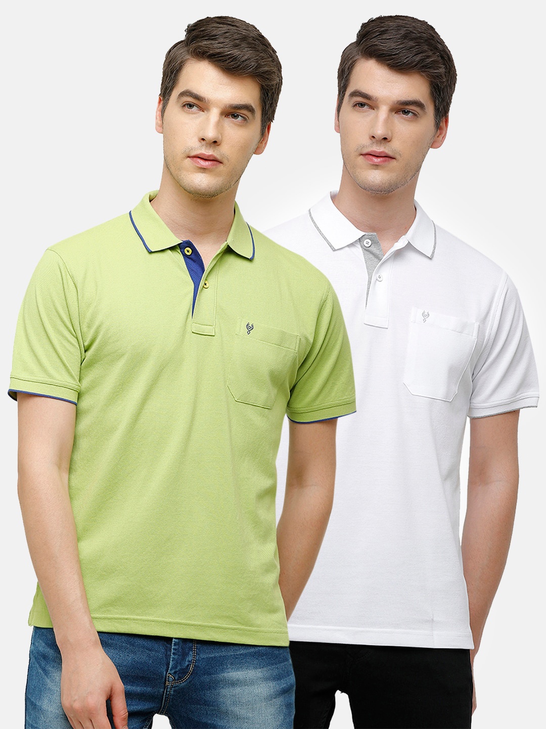 

Classic Polo Men Green & White 2 Polo Collar Pocket Cotton T-shirts