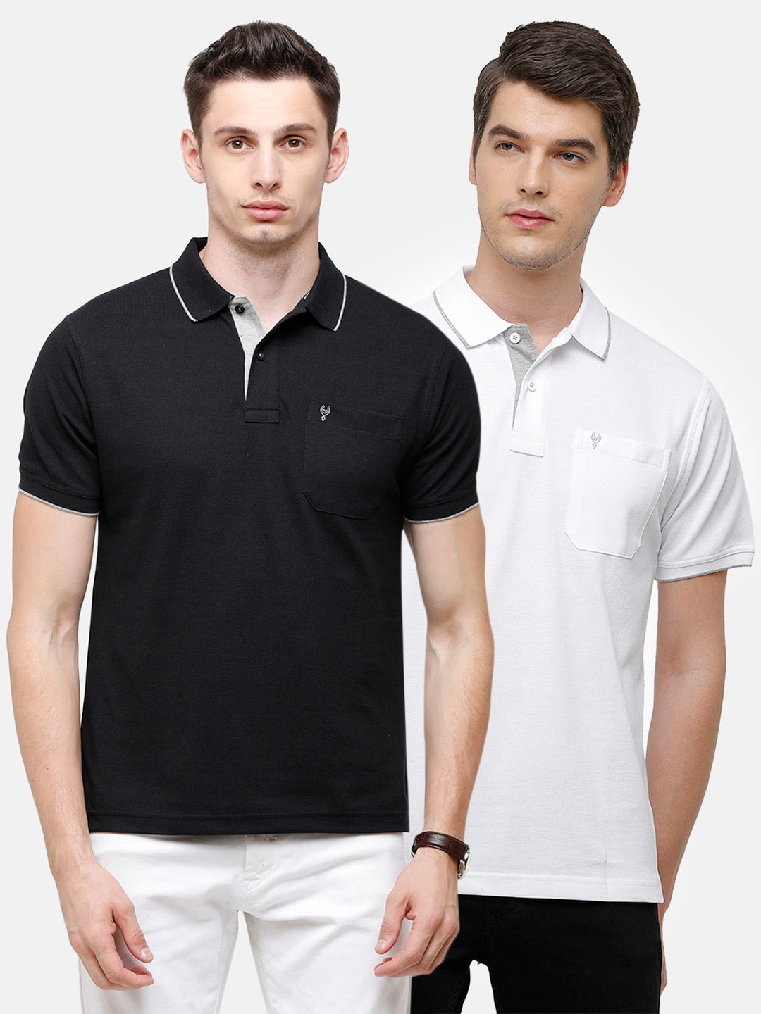 

Classic Polo Men Pack Of 2 Black & White Polo Collar Pockets T-shirt