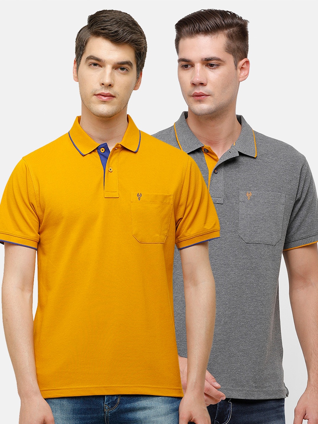 

Classic Polo Men Set of 2 Mustard Yellow & Grey Polo Collar Pockets T-shirt