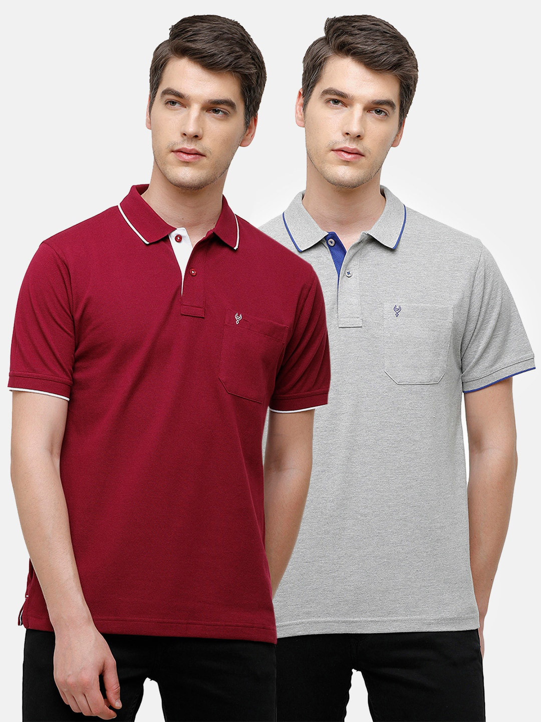 

Classic Polo Men Set of 2 Maroon & Grey Polo Collar Pockets T-shirt