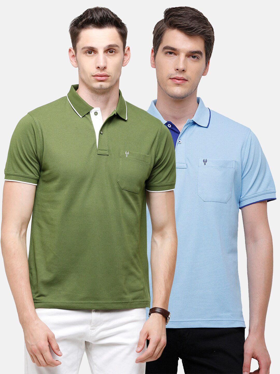 

Classic Polo Men Pack Of 2 Green & Blue Polo Collar Pockets T-shirt