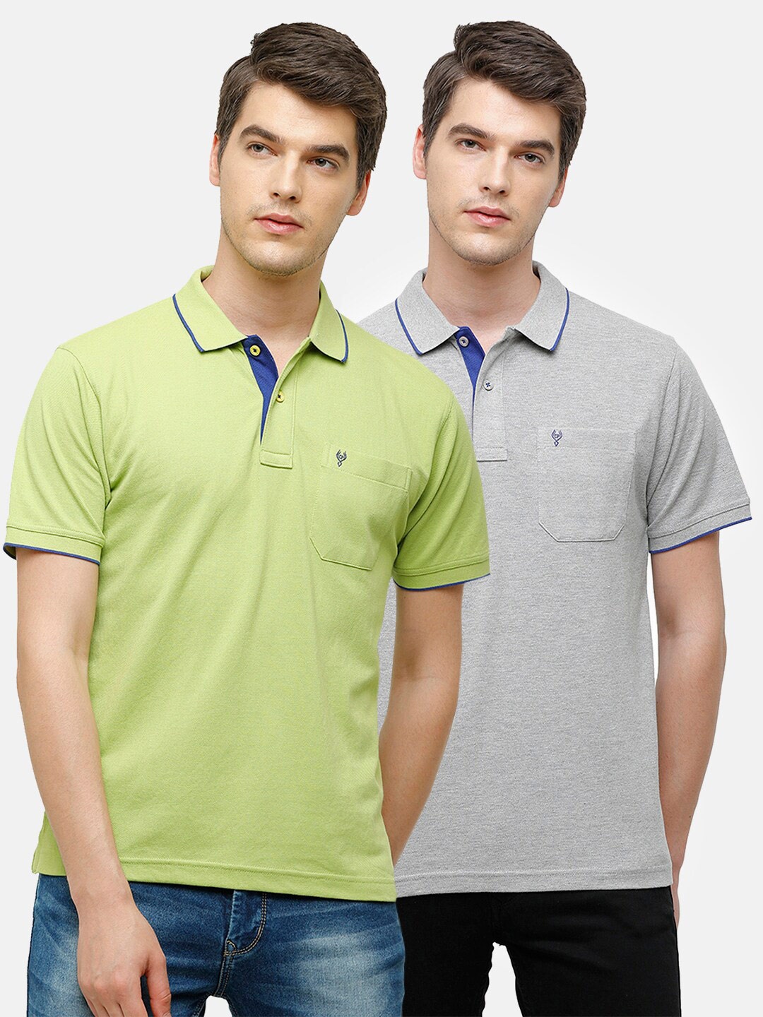 

Classic Polo Men Set of 2 Green & Grey Polo Collar Pockets T-shirt