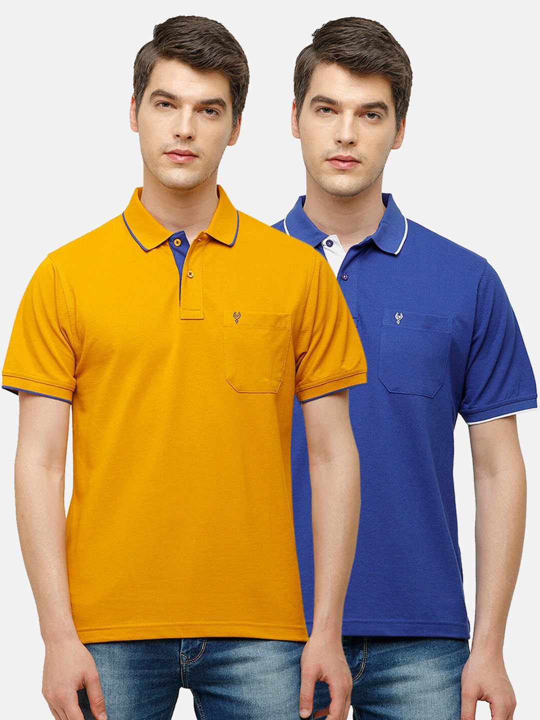 

Classic Polo Men Mustard Yellow & Navy Blue 2 Polo Collar Pocket Cotton T-shirts
