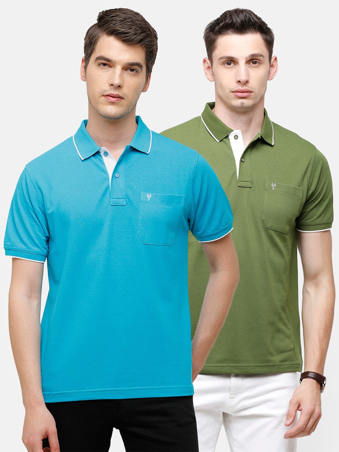 

Classic Polo Men Pack Of 2 Blue & Green Polo Collar Pockets T-shirt