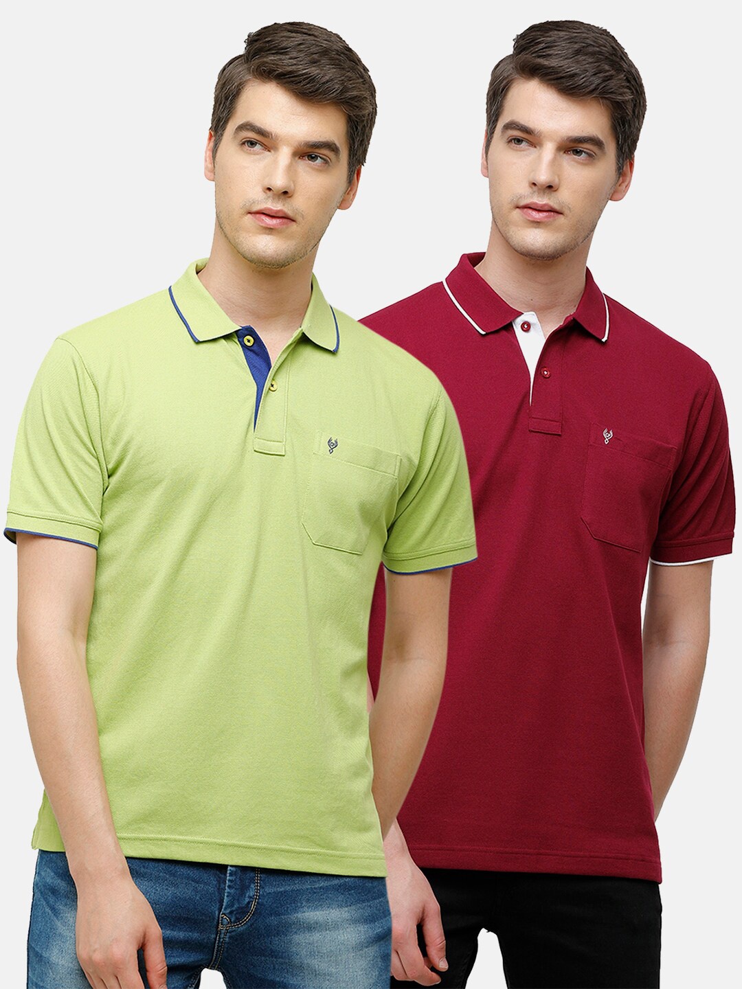 

Classic Polo Men Set of 2 Green & Red Polo Collar Pockets T-shirt