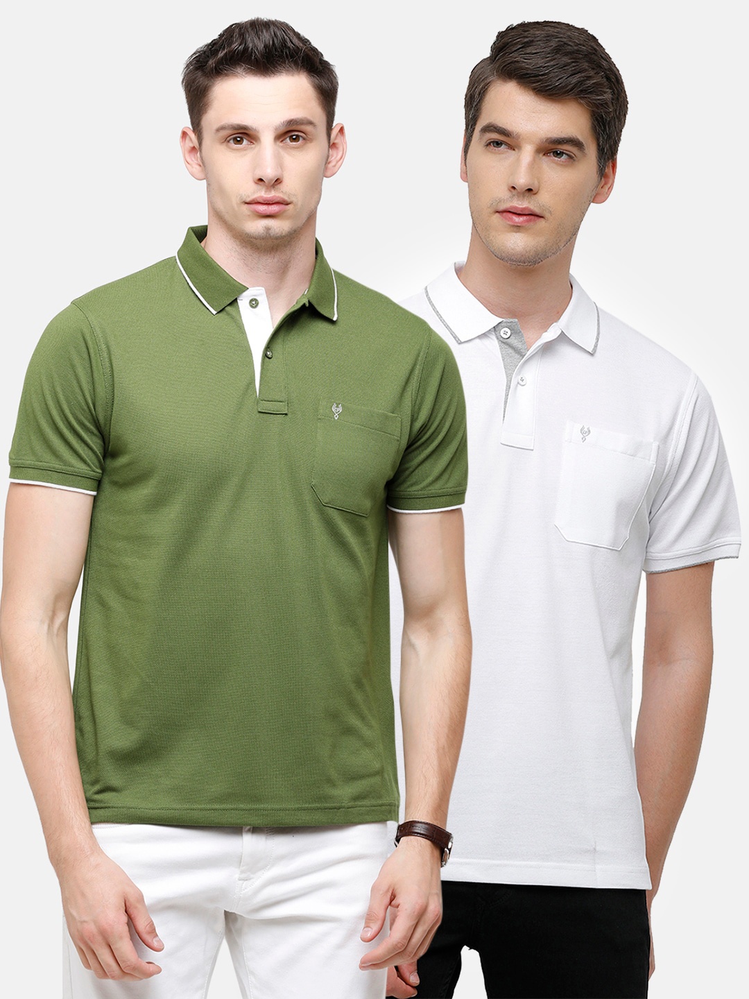 

Classic Polo Men Pack Of 2 Green & White Polo Collar T-shirts