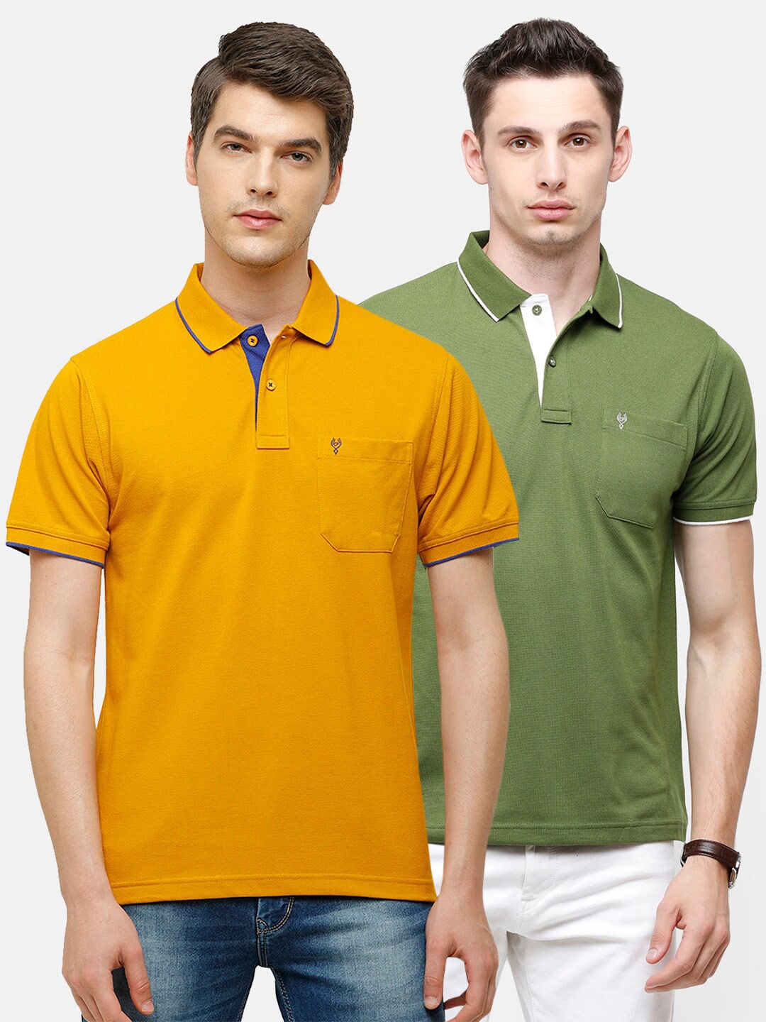 

Classic Polo Men Mustard Yellow & Green 2 Polo Collar Pocket Cotton T-shirts