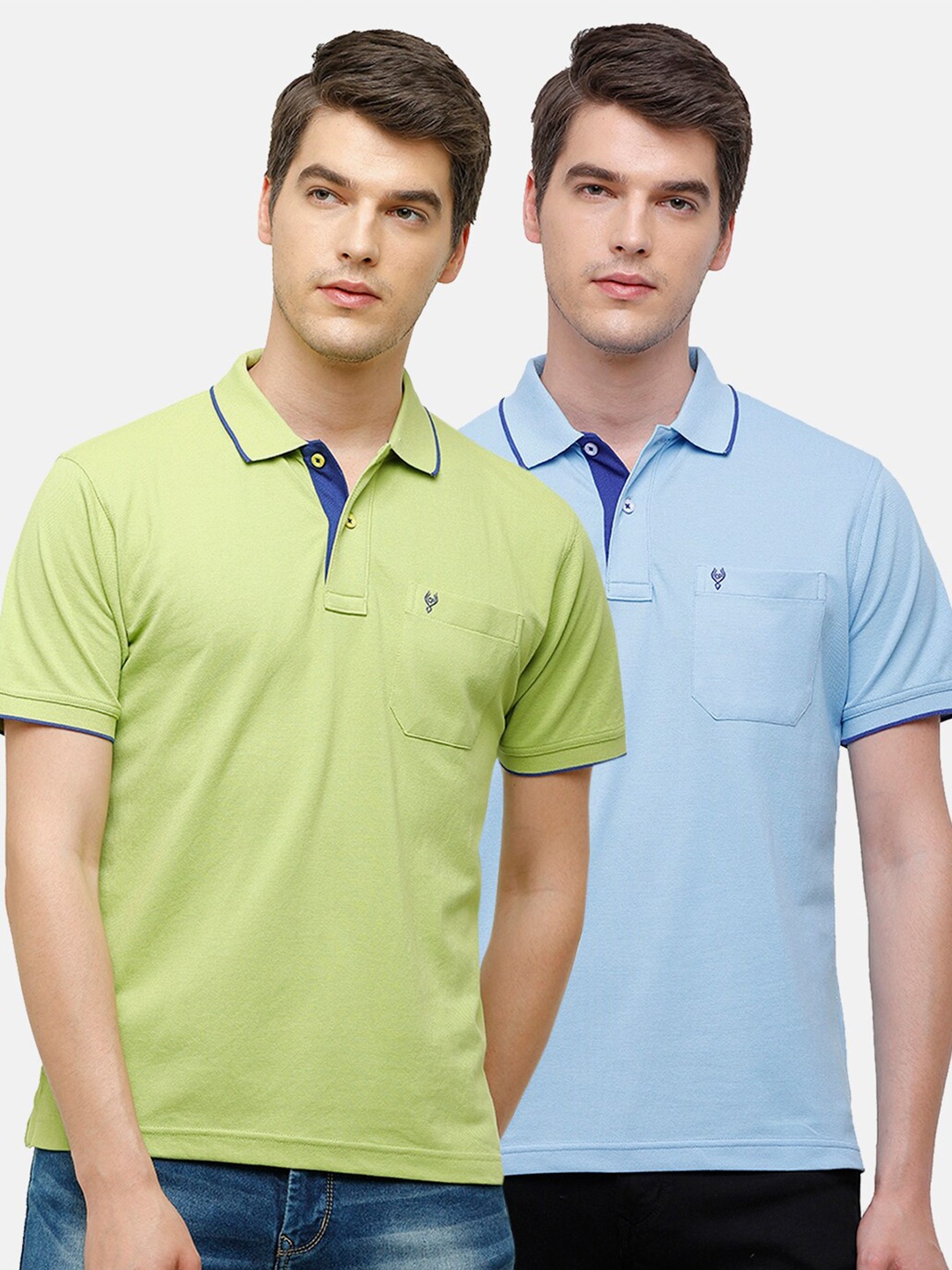 

Classic Polo Men Set of 2 Green & Blue Polo Collar Pockets T-shirt