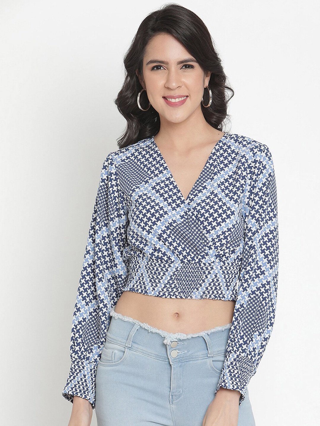 

THREAD MUSTER Blue Geometric Print Crepe Wrap Crop Top