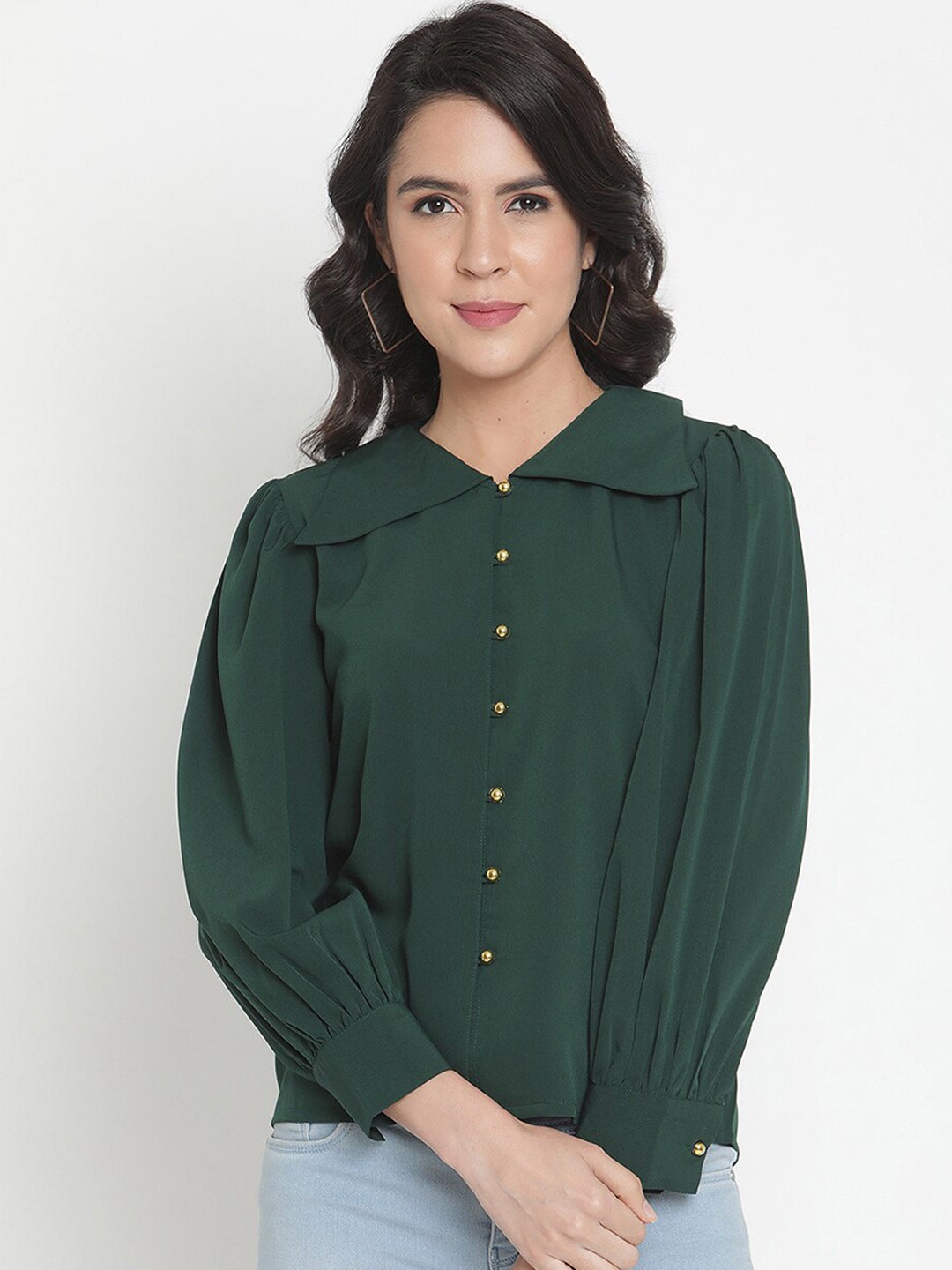 

THREAD MUSTER Green Crepe Shirt Style Top