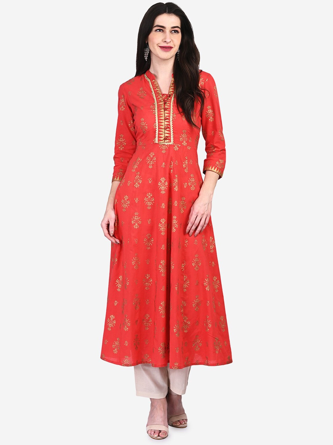 

Be Indi Women Orange & Gold-Toned Ethnic Motifs Printed Anarkali Kurta