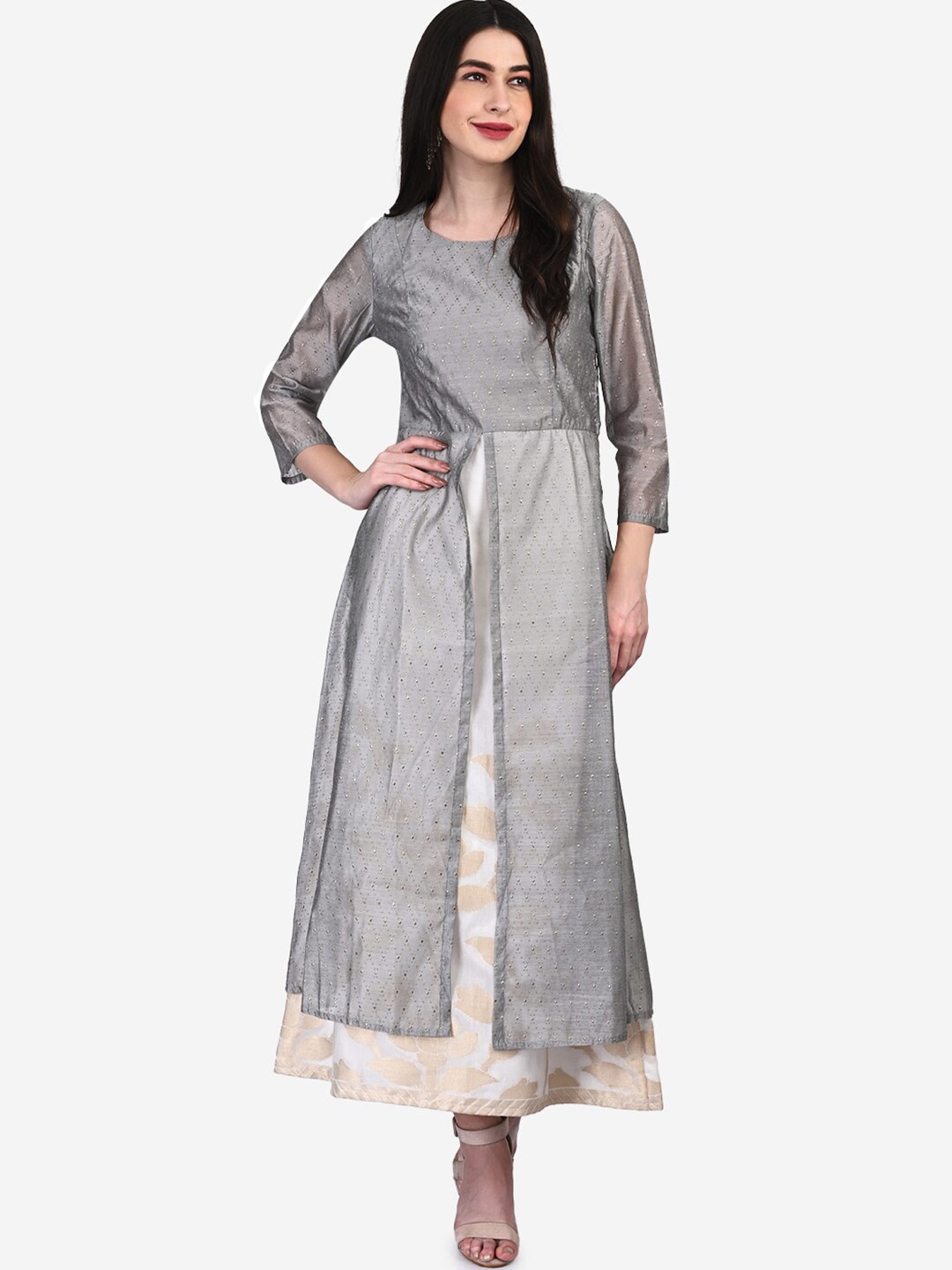 

Be Indi Grey & White Floral Layered Ethnic Maxi Dress