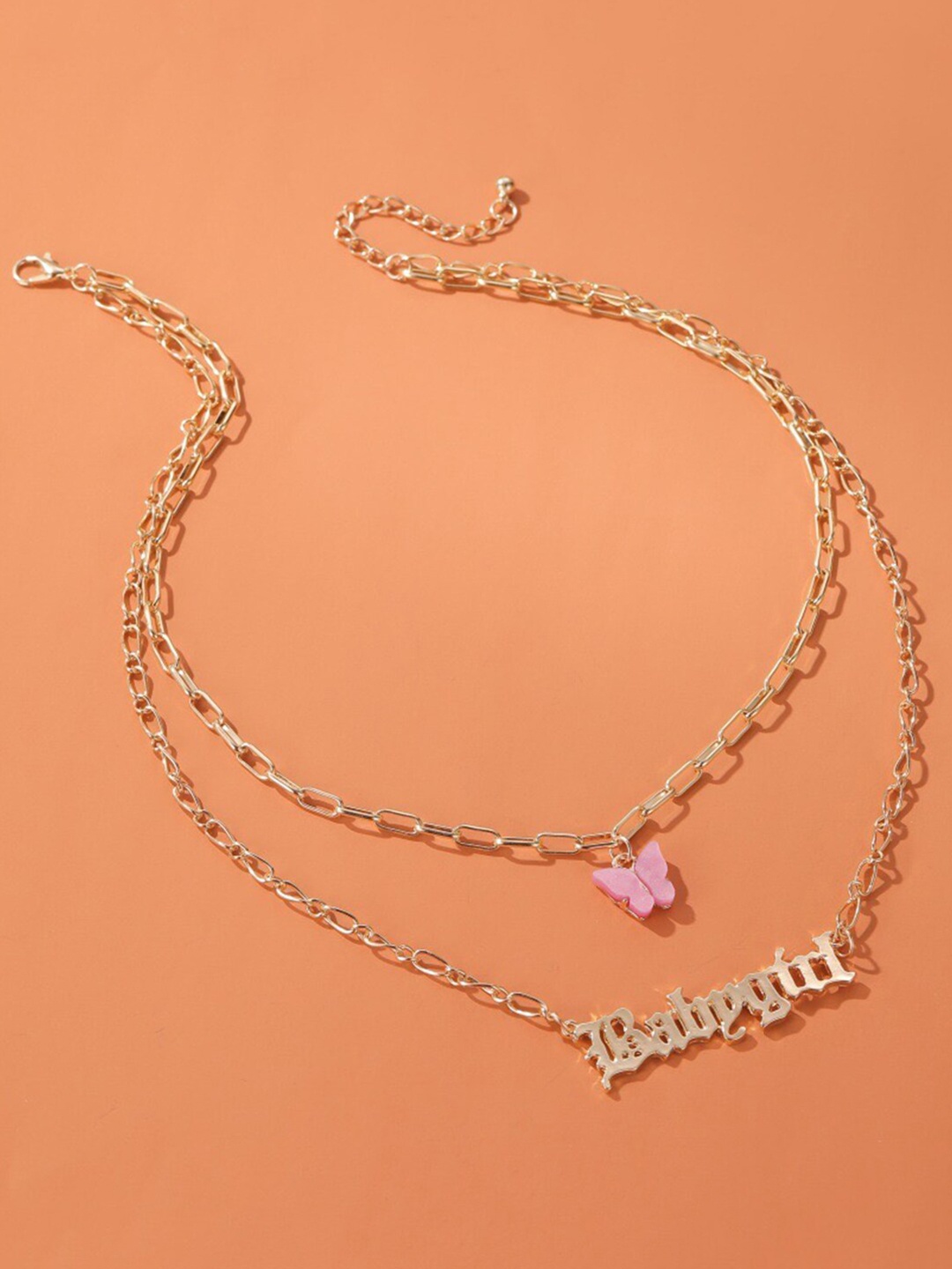 

Vembley Gold-Plated & Pink Layered Butterfly & Baby girl Word Necklace