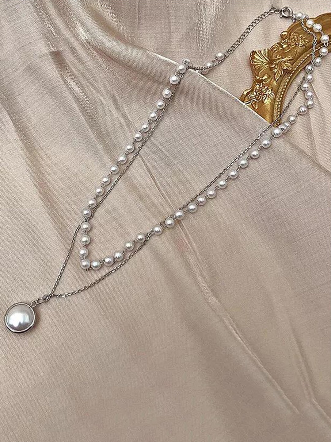 

Vembley Gold-Toned Silver-Plated Layered Beads & Pearl Studded Pendant Necklace