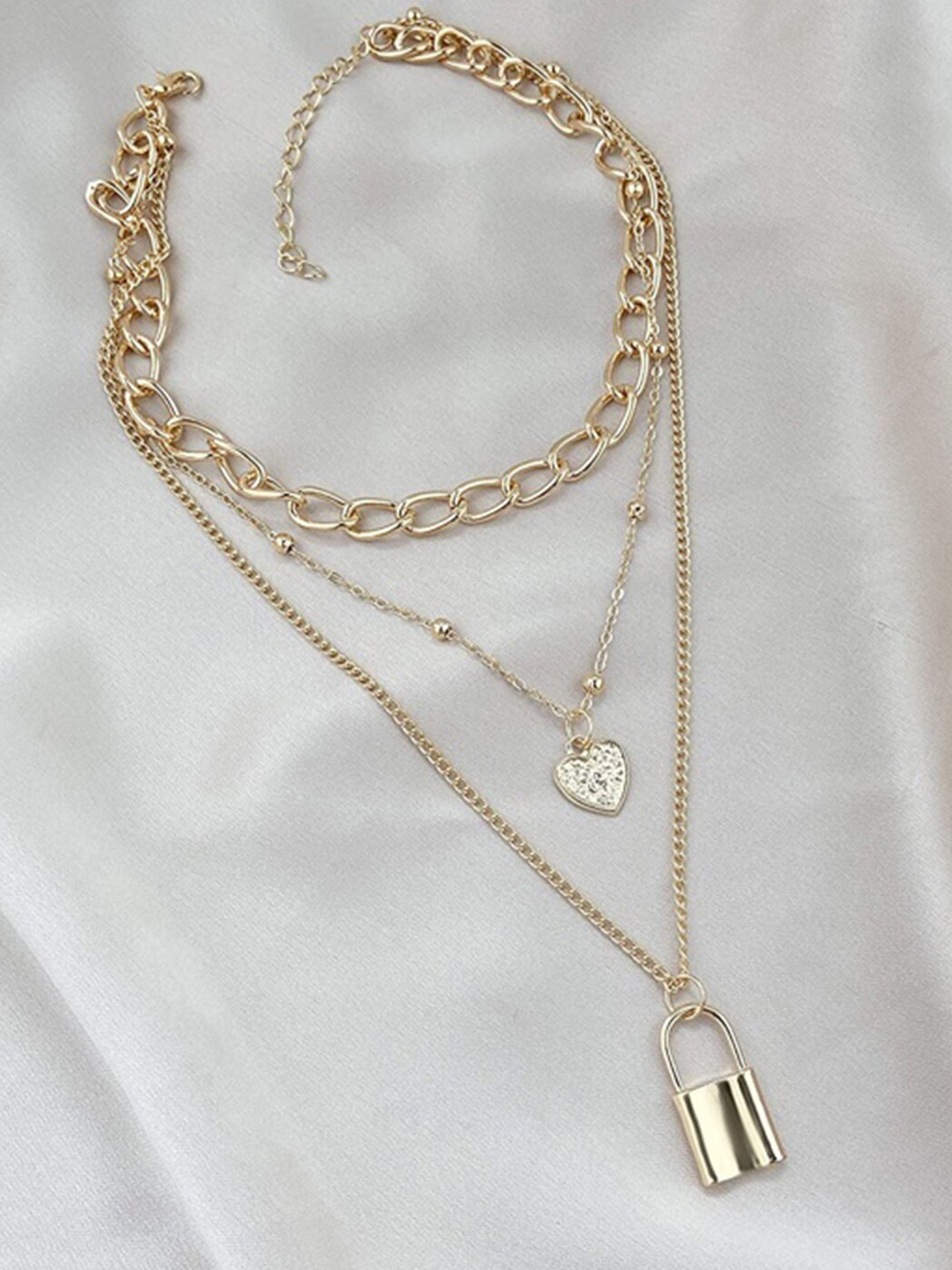 

Vembley Gold-Plated & White Triple Layered Chunky Chain Link Heart & Lock Pendant Necklace