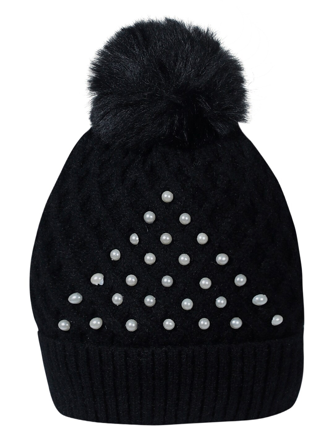 

LOOM LEGACY Women Black & White Beads Beanie with Pom-pom