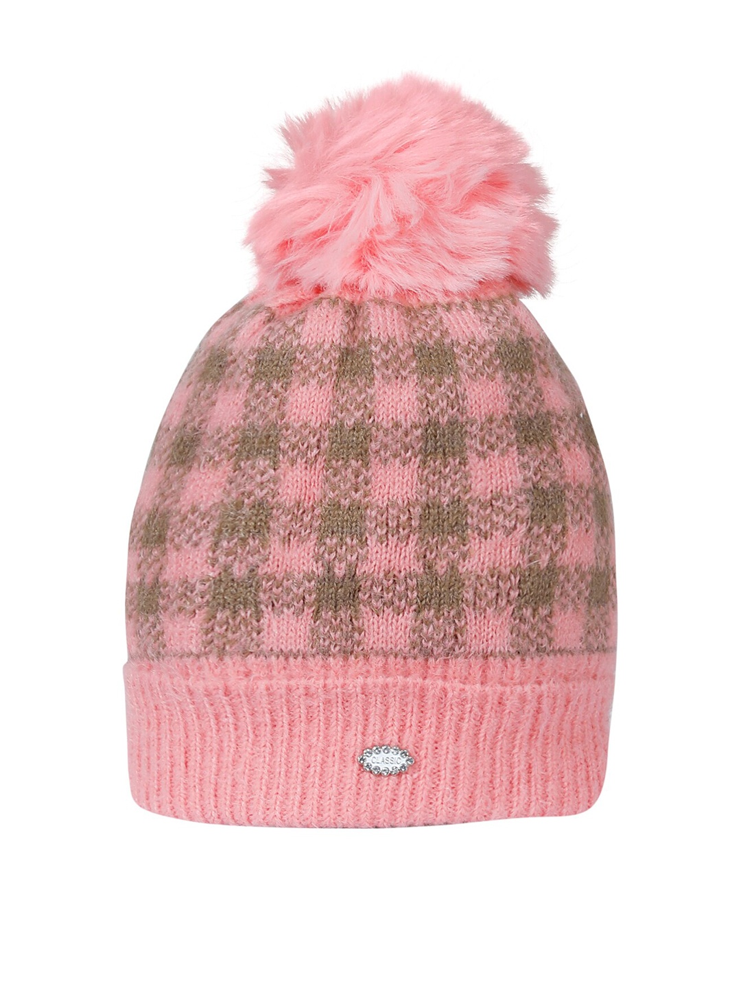 

LOOM LEGACY Women Pink & Grey Checked Acrylic Beanie