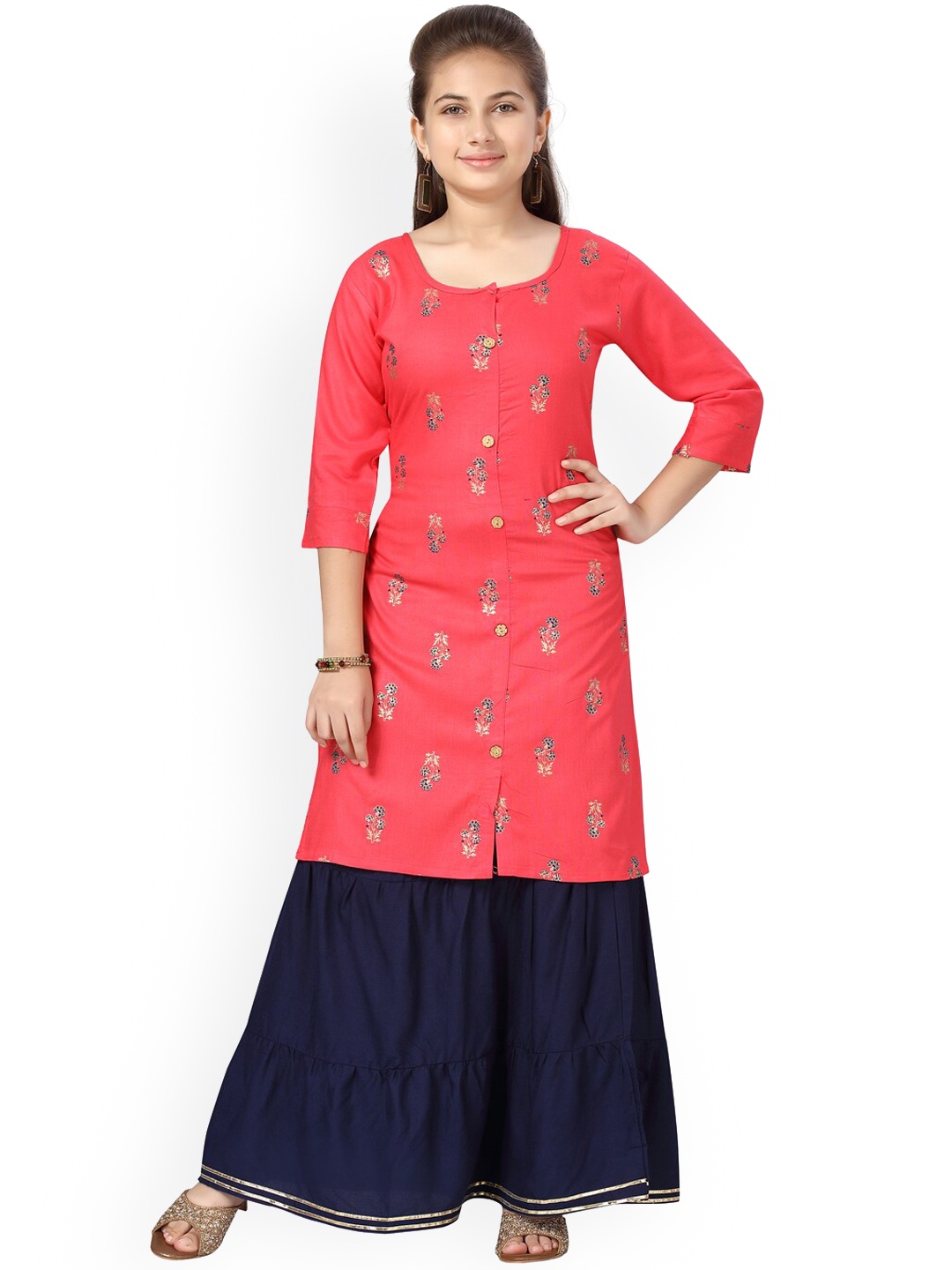 

Aarika Girls Red & Navy Blue Ethnic Motifs Printed Pure Cotton Kurti with Skirt