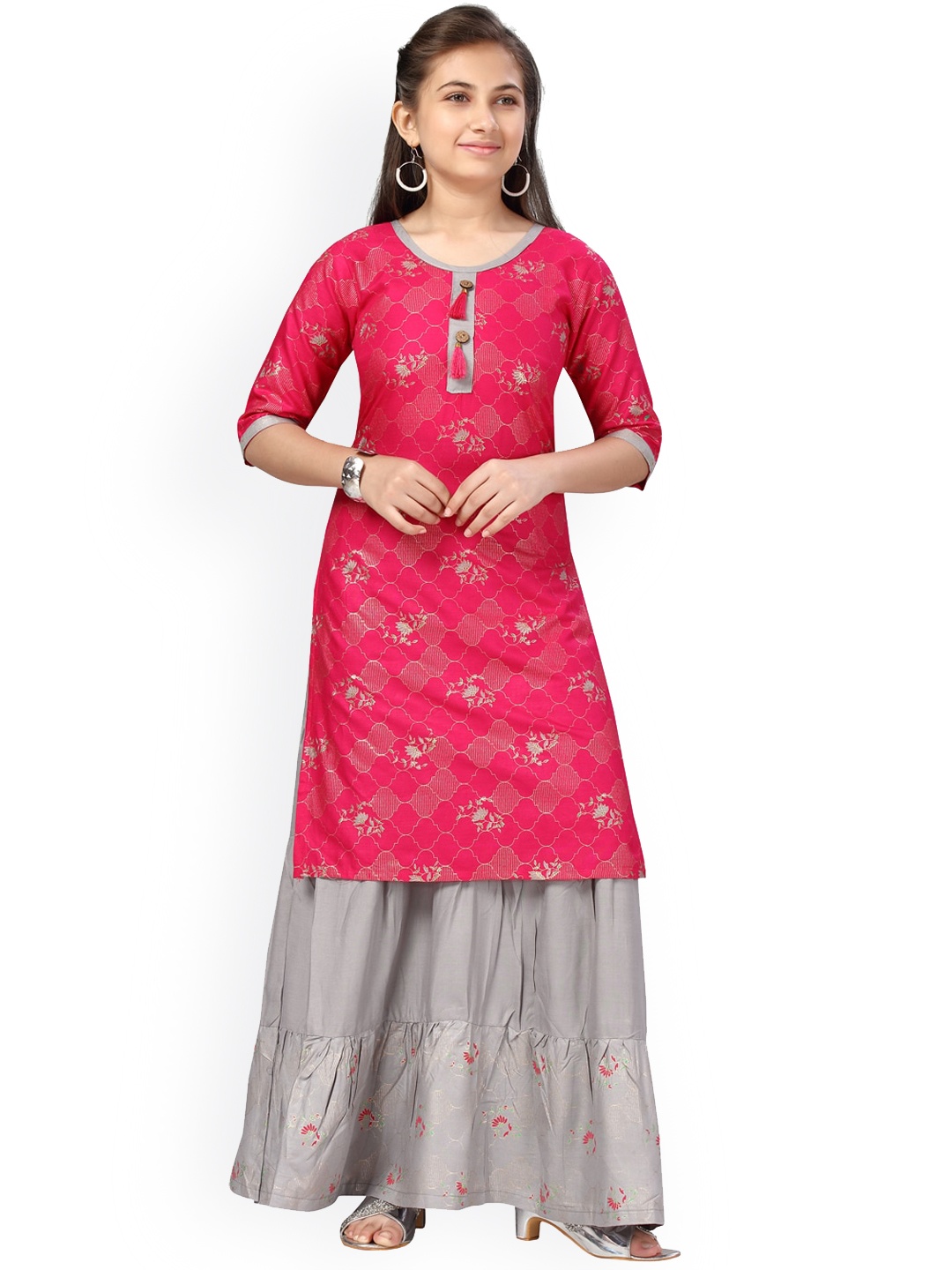 

Aarika Girls Pink Floral Printed Pure Cotton Kurta with Sharara