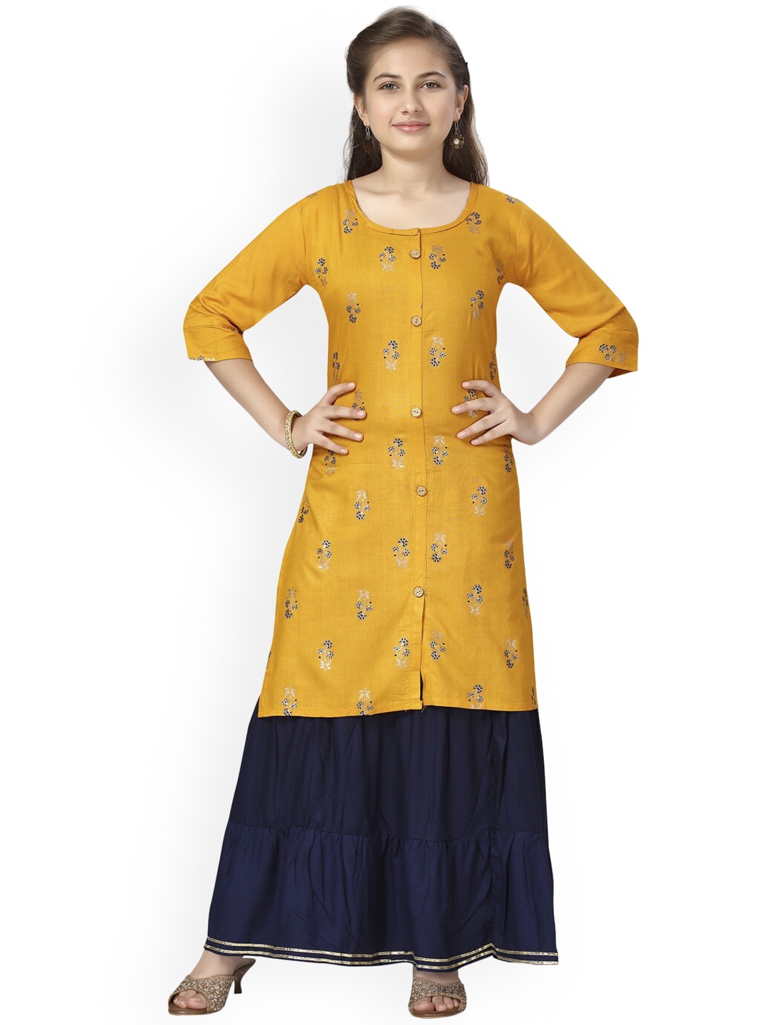 

Aarika Girls Yellow & Navy Blue Ethnic Motifs Embroidered Pure Cotton Kurta with Sharara