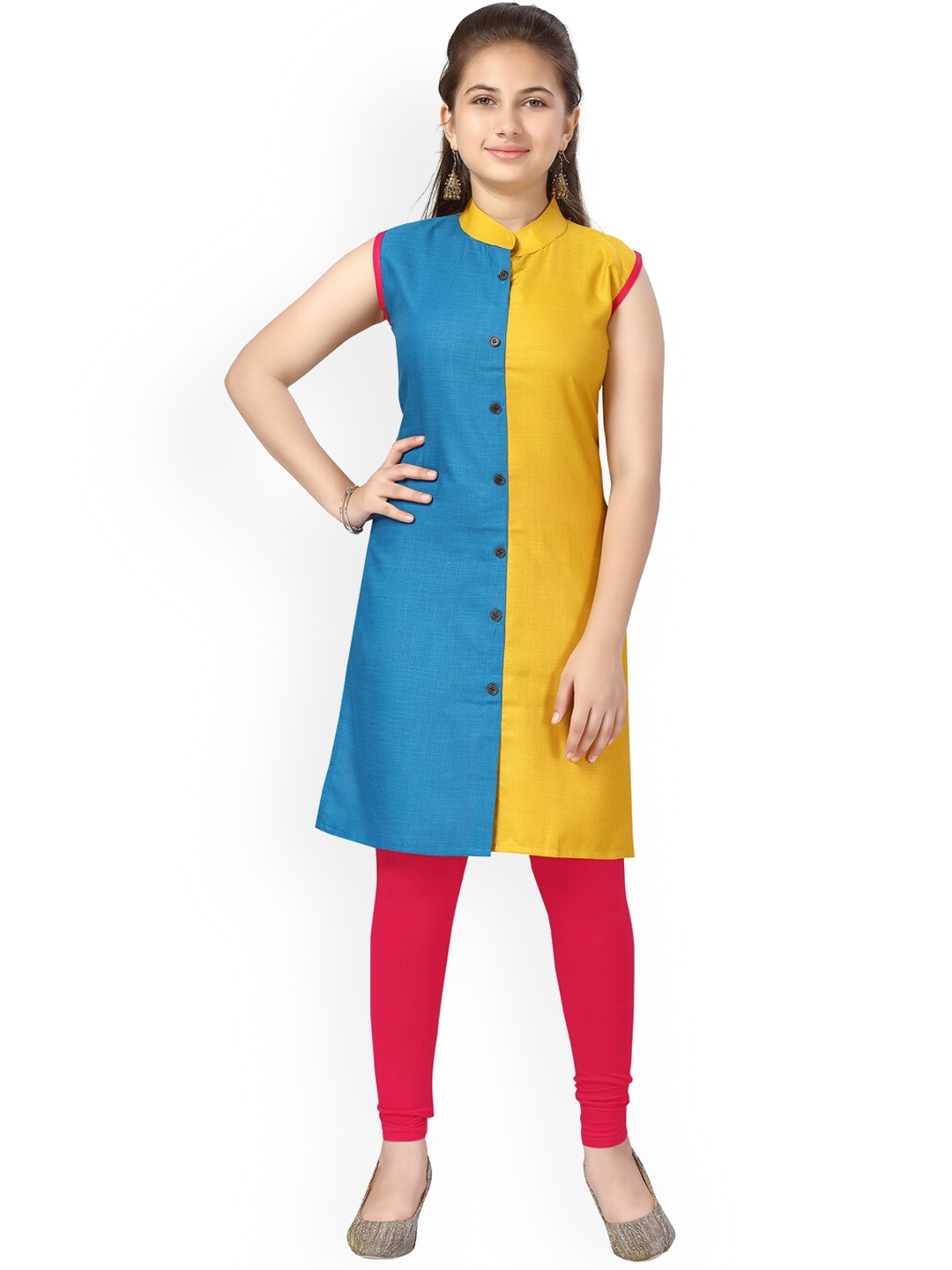 

Aarika Girls Blue Colourblocked Pure Cotton Kurta With Leggings Set