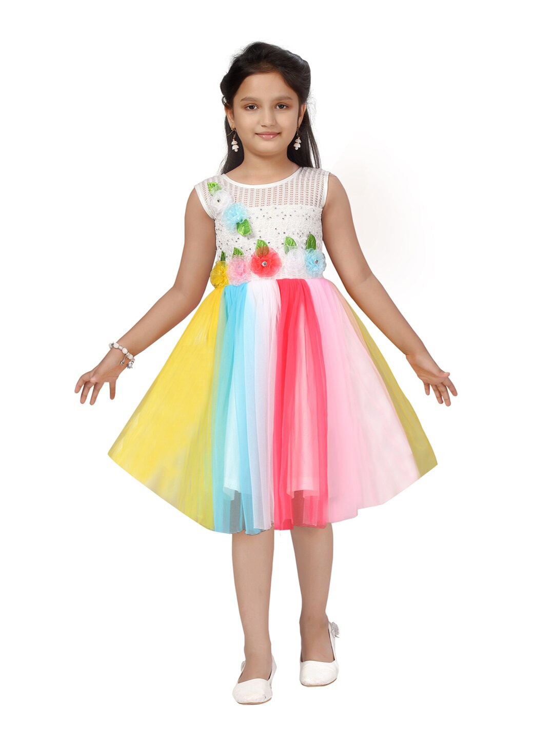 

Aarika White & Pink Floral Net Dress