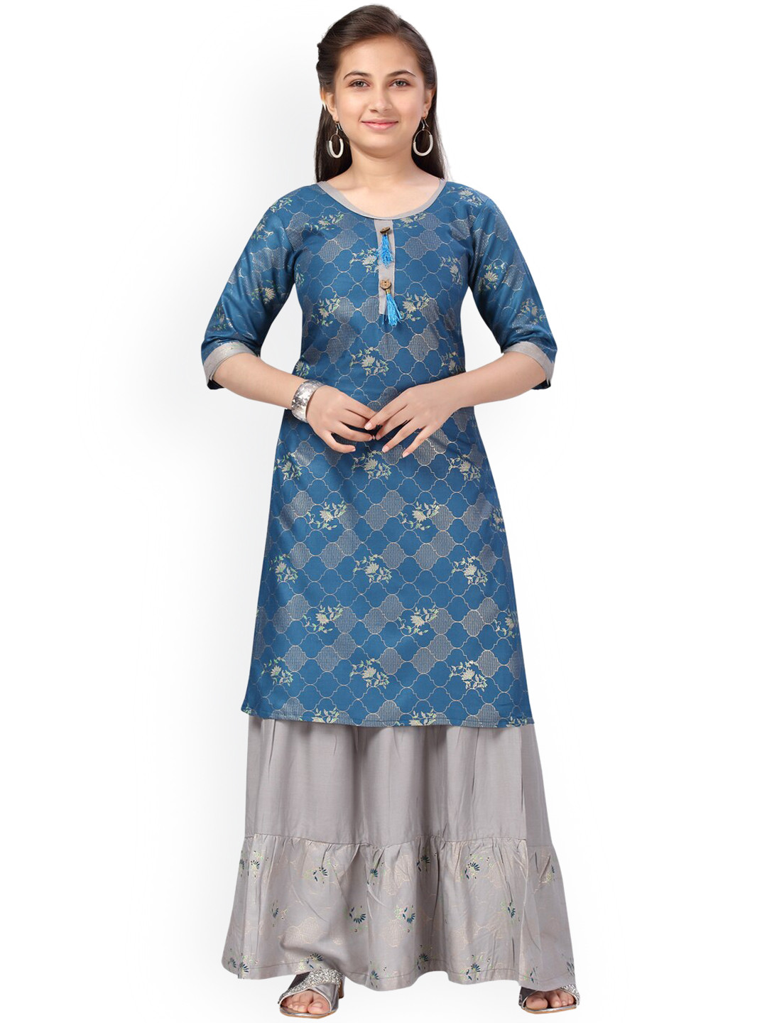

Aarika Girls Blue Ethnic Motifs Printed Pure Cotton Kurti with Skirt
