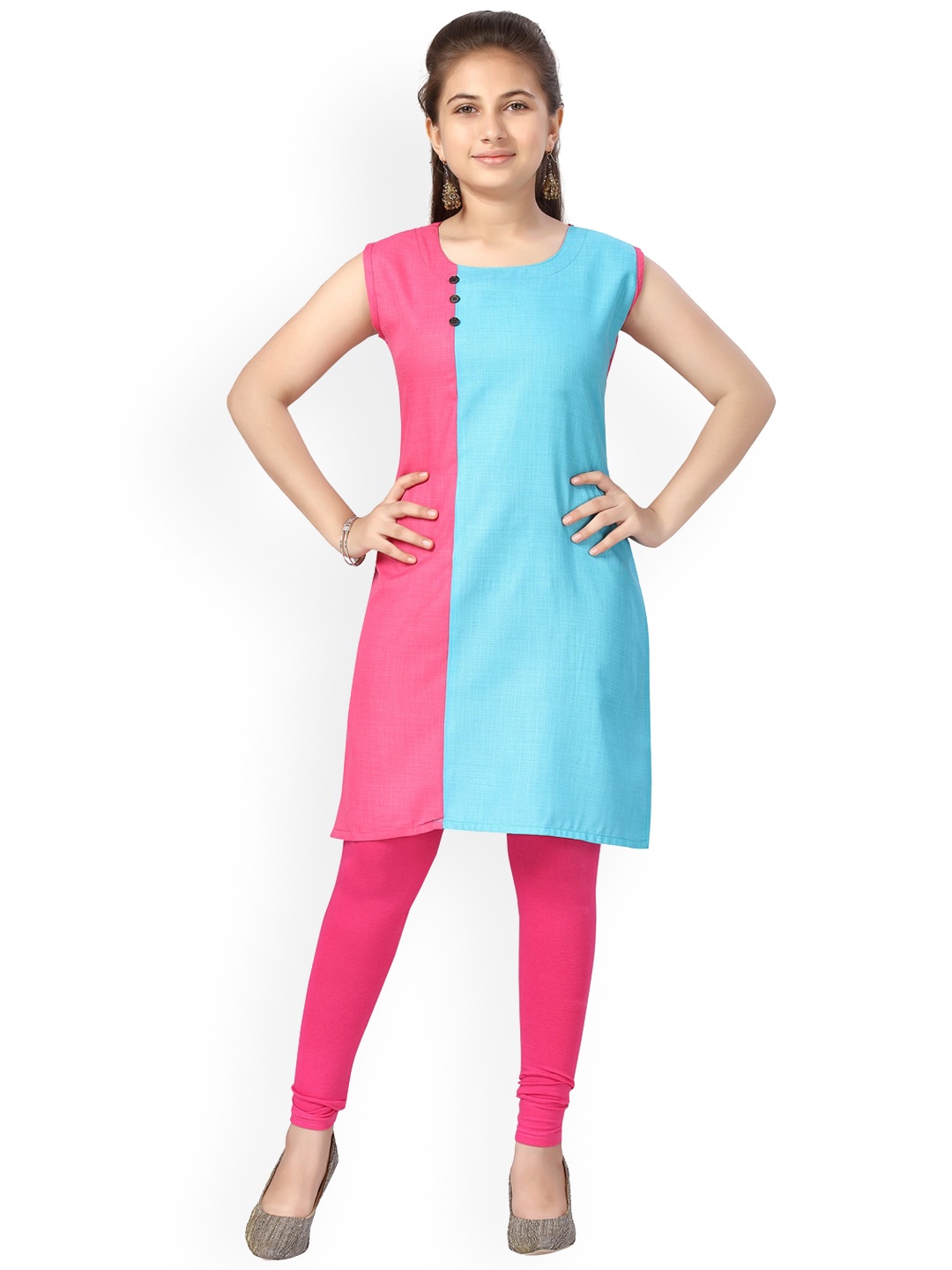 

Aarika Girls Turquoise Blue & Pink Colourblocked Thread Work Kurta