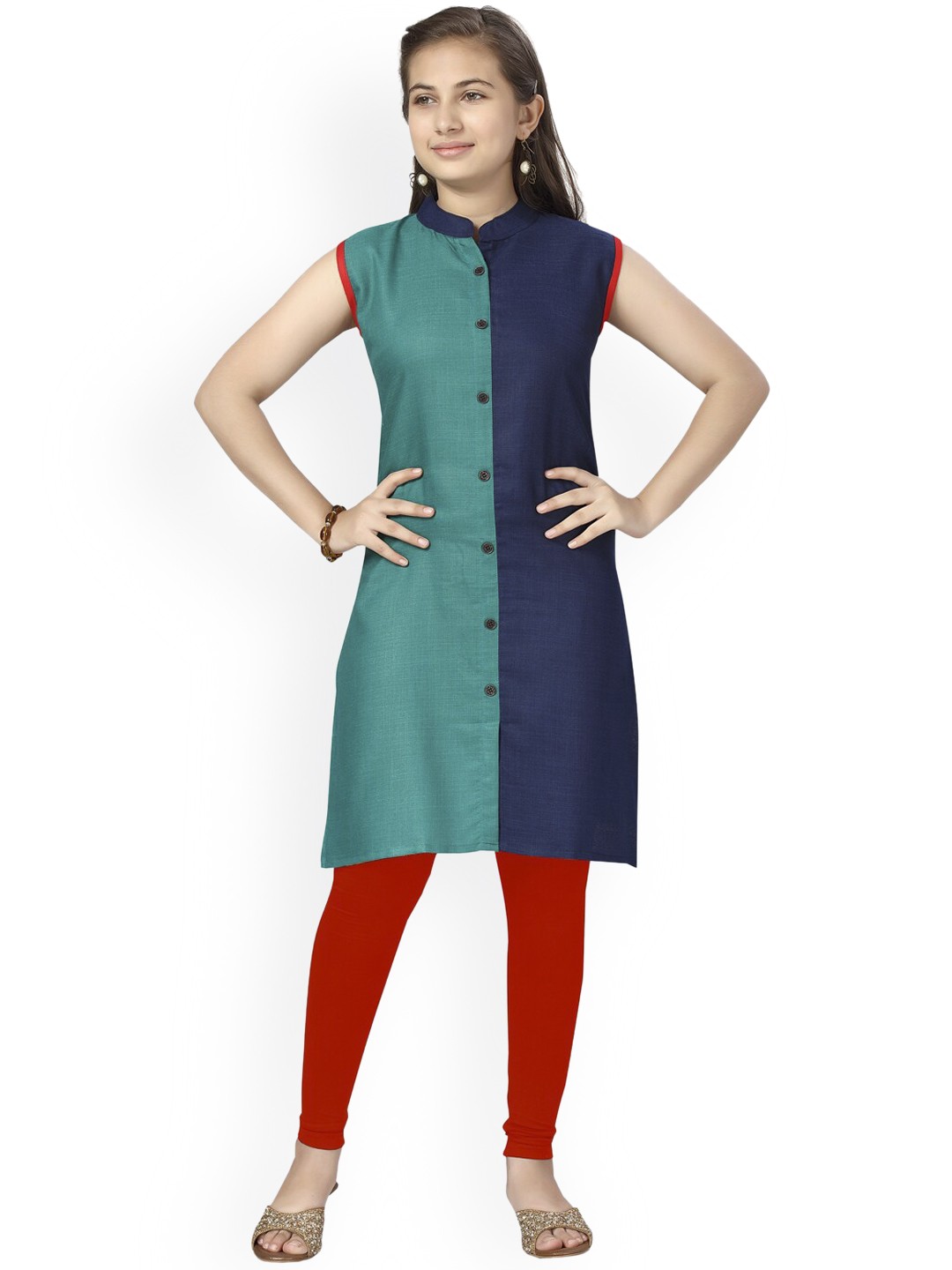 

Aarika Girls Green & Blue Colourblocked Thread Work Kurta