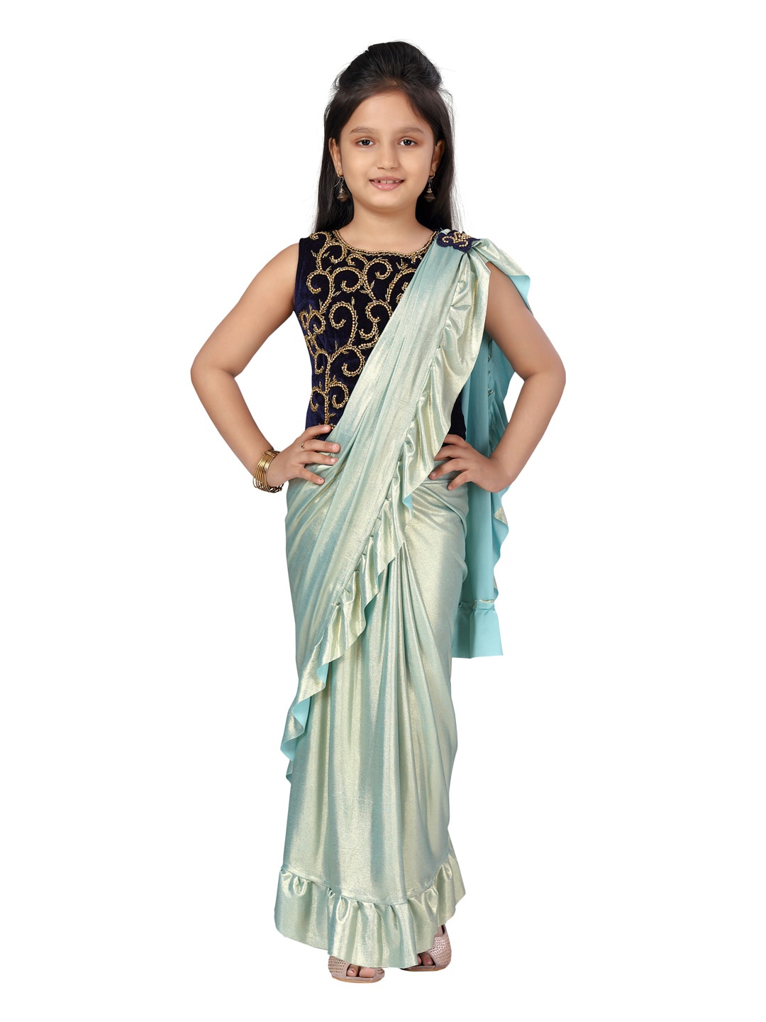 

Aarika Navy Blue & Gold-Toned Lehenga Saari with Stiched Blouse & Dori