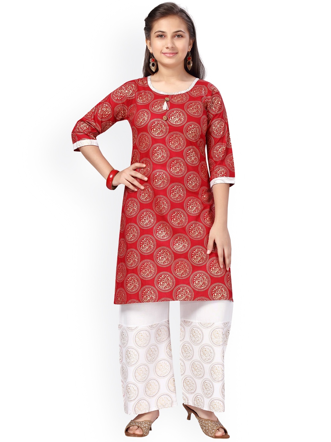 

Aarika Girls Red Ethnic Motifs Printed Pure Cotton Kurta with Palazzos