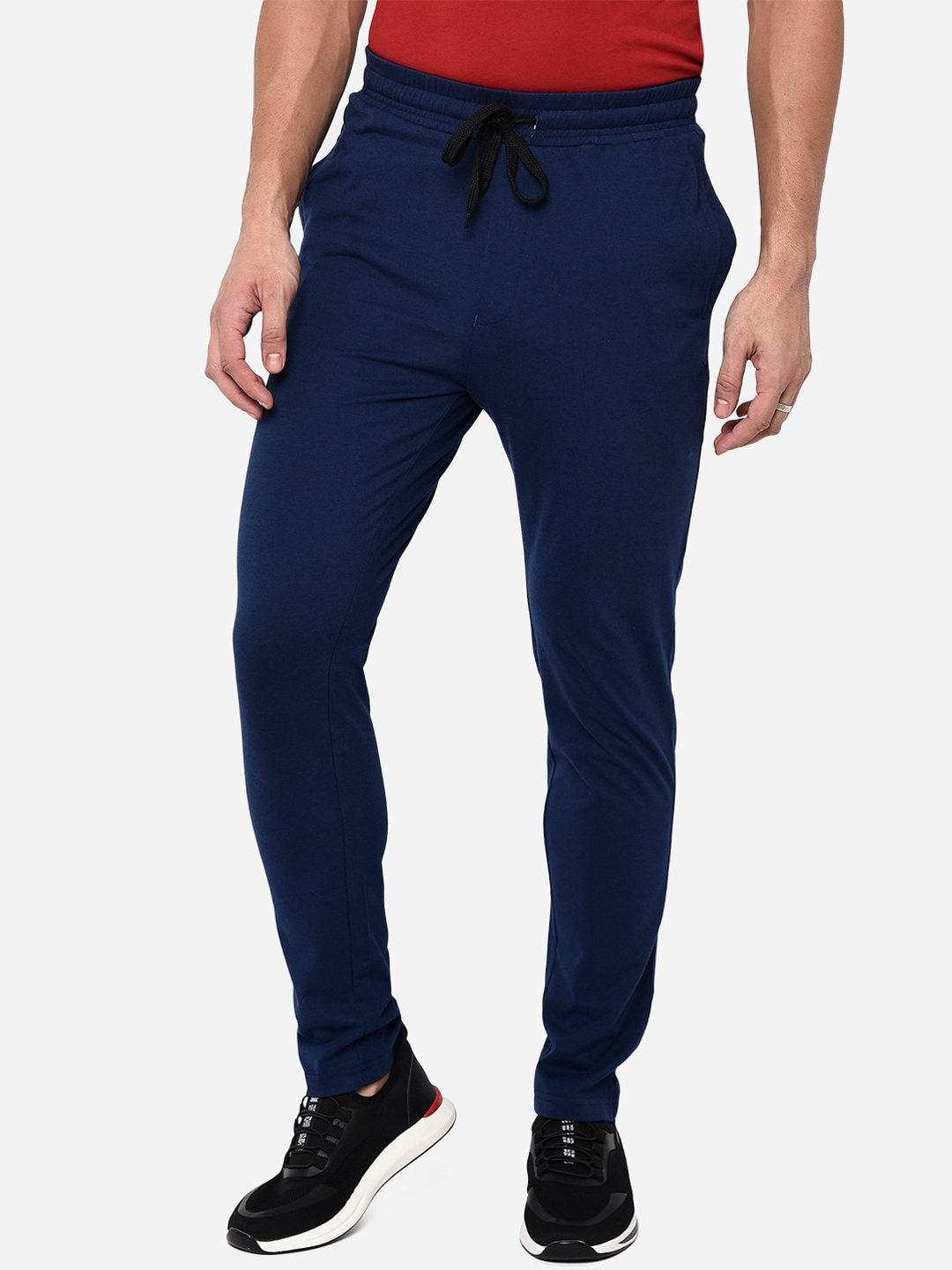 

JADE BLUE Men Navy Blue Solid Pure Cotton Track Pants